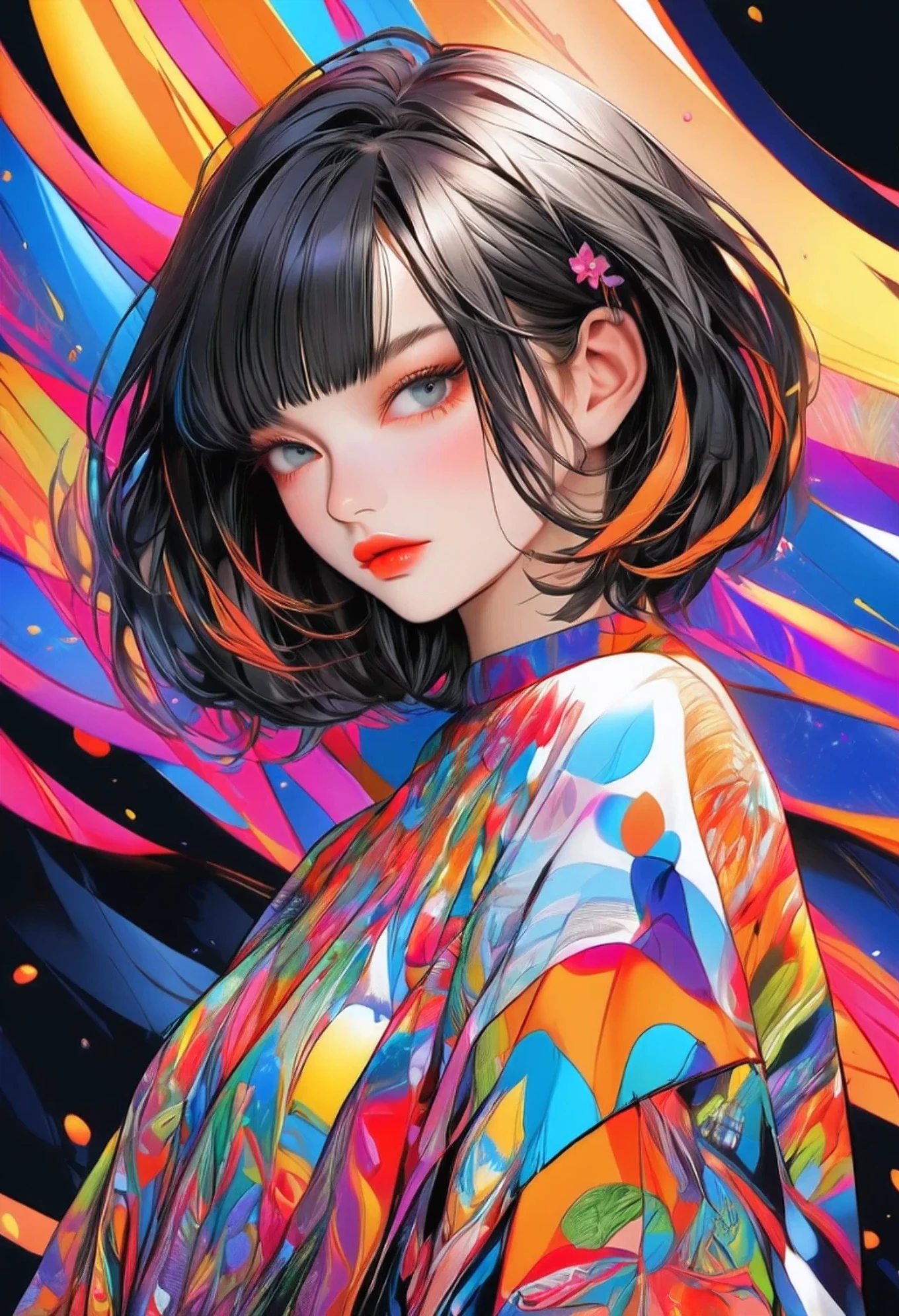 masterpiece, highest quality, 16k, unbelievably absurd, very detailed, perfect beauty, beautiful cute girl, in a beautiful pose, modern sauvage bob hair, through bangs, vibrant colors illustration