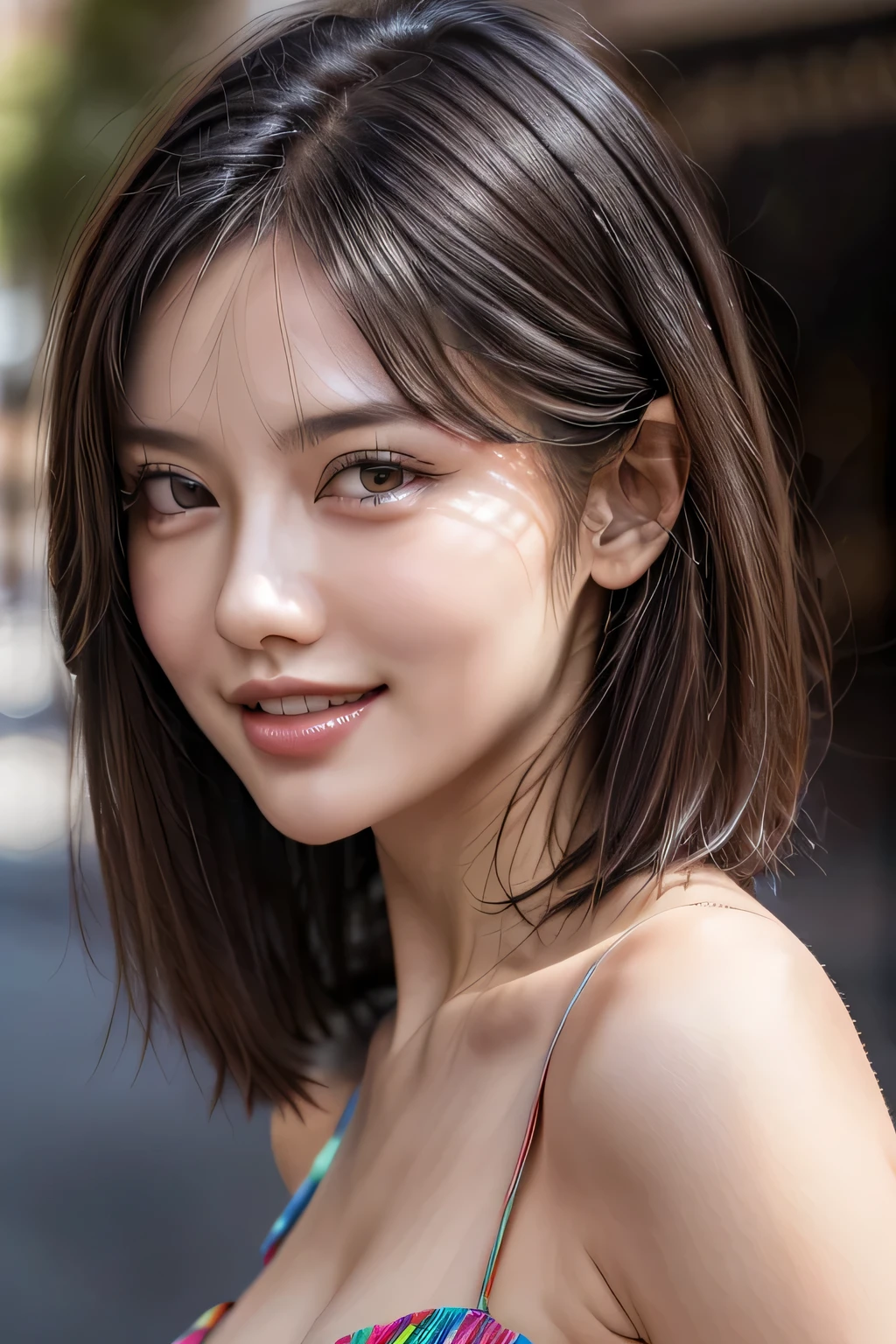 (8k, RAW Photos, highest quality, masterpiece, Realistic, Realistic), (1 female), (Ultimate beauty), Highly detailed face, (Perfect Teeth), Beautiful Eyes, double eyelid, eyelash, smile, Lip details, (Neat brunette bob), The light shines on your face, Big Breasts, ((Colorful mini dresses)), (front view), (background: none), Background blur