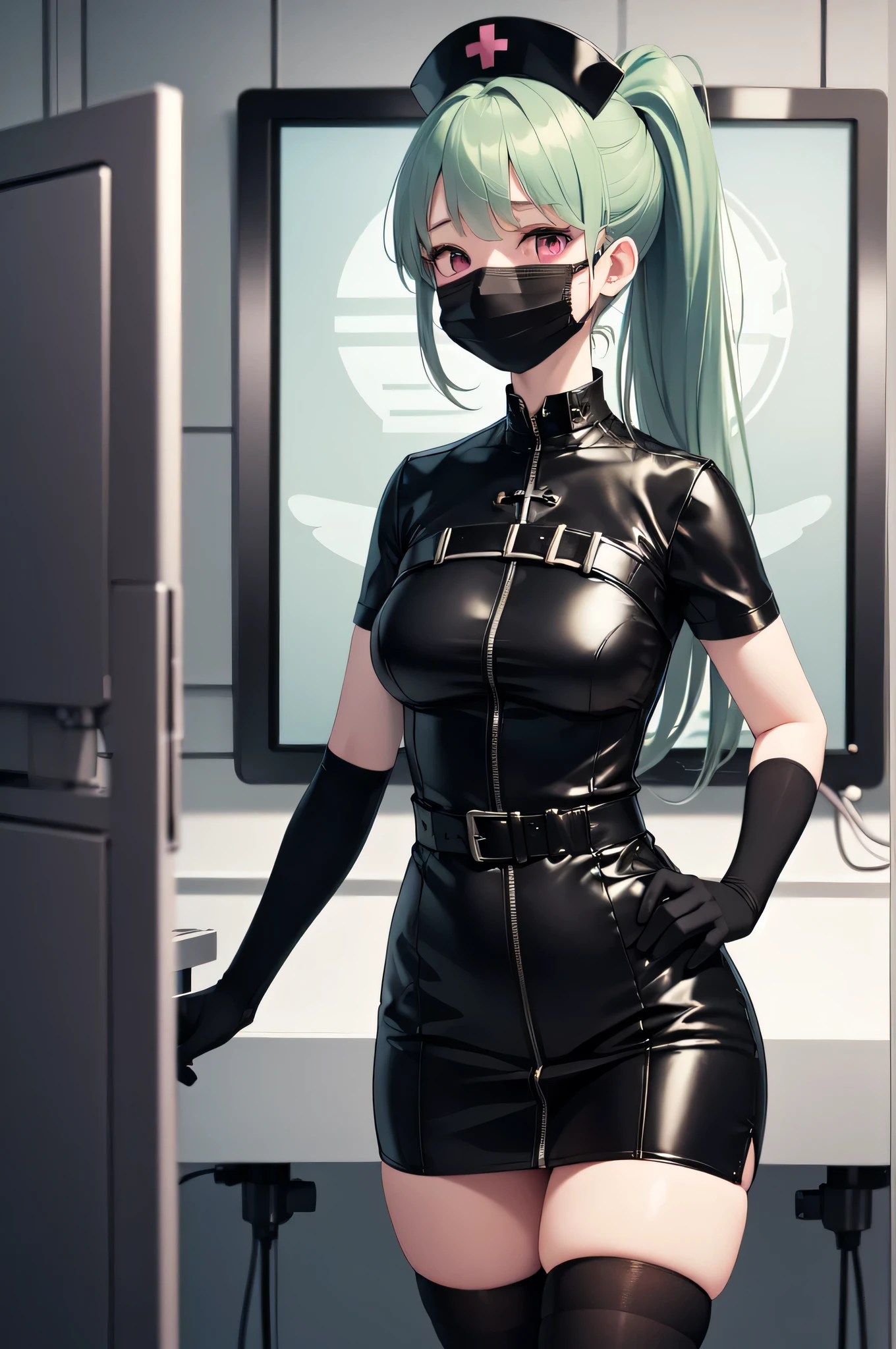 black nurse, 1 girl, alone, black nurse cap, Black Wear, ((black legwear, zettai ryouiki)), black elbow gloves, ponytail, green hair, pink eyes, ((Black surgical mask, Covered nose)), Are standing, ((operating room)), sharp outline, short sleeve, highest quality, masterpiece