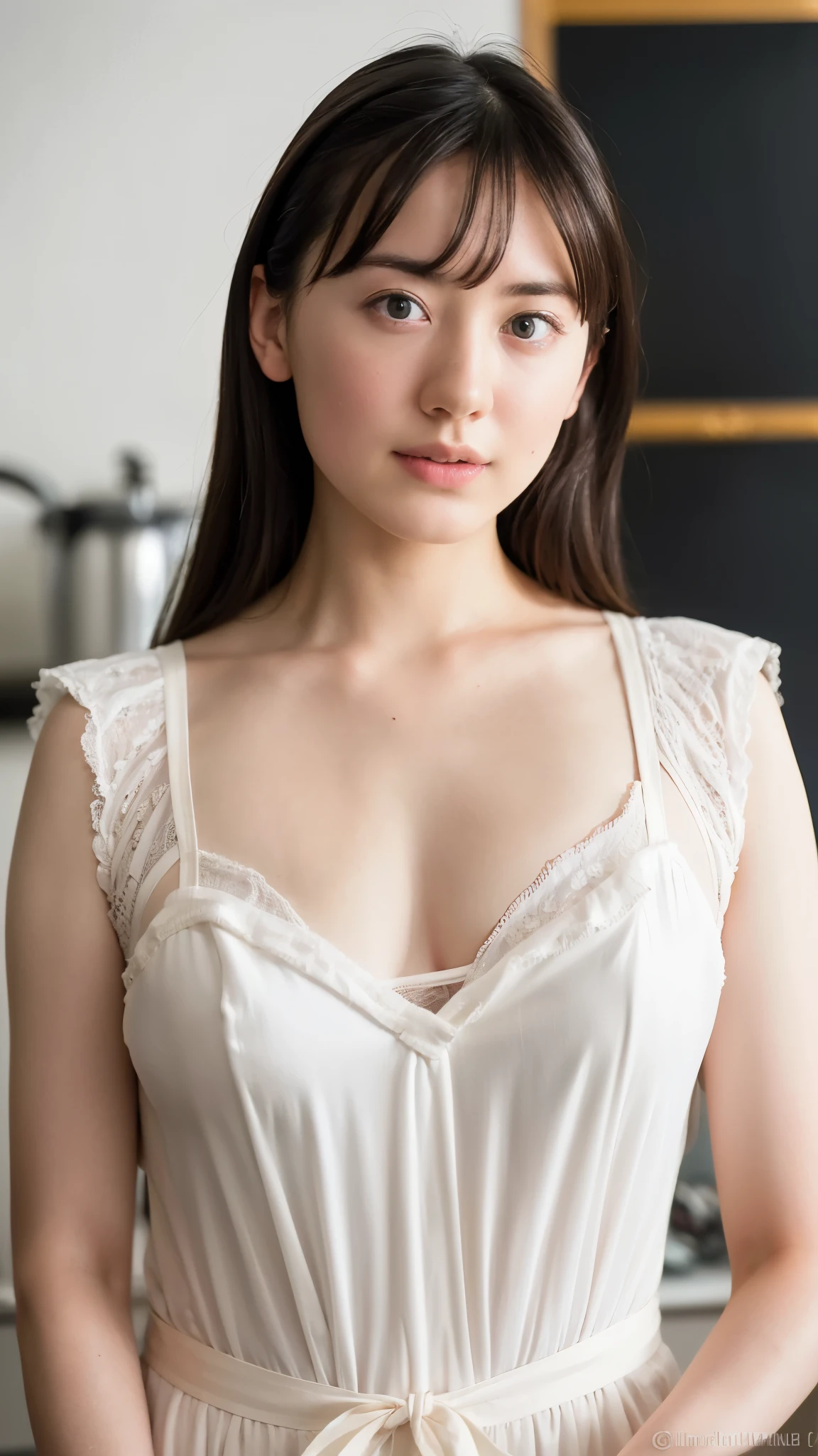 "(highest quality,8K,High resolution,masterpiece:1.2),Super detailed,(realistic,photorealistic,photo-realistic:1.37),soft focus,18-year-old,beautiful and detailed face,Detail view,renaissance art,delicate artwork,kitchen,kitchen apron,age girl,seductive lingerie,Gentle milk dripping onto my chest, Bright colors,studio lighting"