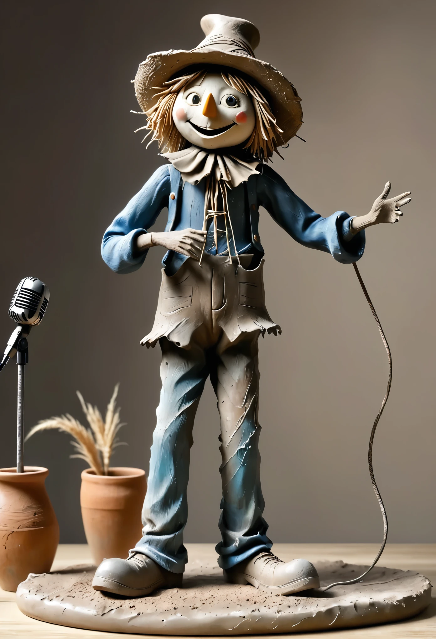 (best quality:1.2),ultra-light Clay, Clay, Pottery,  distressed, dirty, mineral pigments, 3D Clay sculpture art, Clay sculpture, Rough surface, (artwork，Scarecrow singing on stage。Microphone long legs，concept art,)