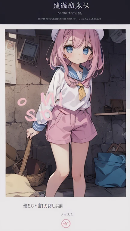 Beautiful illustrations, highest quality, (12-year-old girl:1.4)、(pretty girl:1.5)、、Flat Chest、Sailor collar、(White long tunic)、Long sleeve sailor suit、Blue-line cuffs、(Pink Chino Shorts:1.7)、(Pink shorts with wide openings:1.6)、Gap between thigh and pants、Thin thighs、White socks、 Cinema Lighting, (Pink Long Hair)、Pink Straight Hair、Redness on the cheeks、(Braiding of the back of the head)