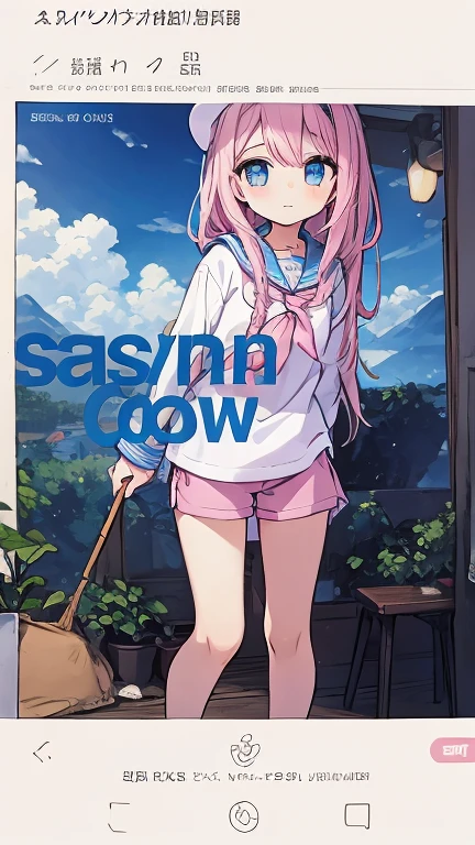 Beautiful illustrations, highest quality, (-yeld gi1.4)、(pretty girl:1.5)、、Flat Chest、Sailor collar、(White long tunic)、Long sleeve sailor suit、Blue-line cuffs、(Pink Chino Shorts:1.7)、(Pink shorts with wide openings:1.6)、Gap between thigh and pants、Thin thighs、White socks、 Cinema Lighting, (Pink Long Hair)、Pink Straight Hair、Redness on the cheeks、(Braiding of the back of the head)
