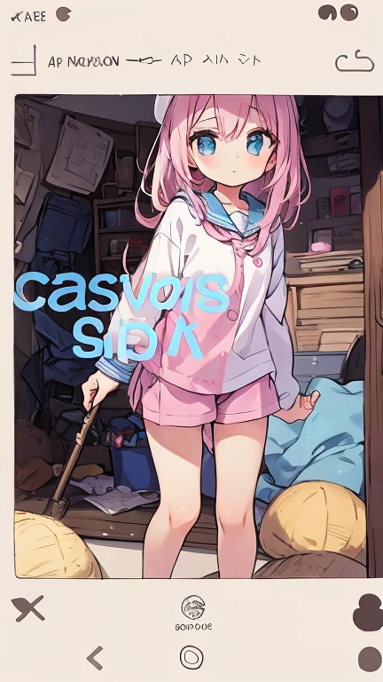 Beautiful illustrations, highest quality, (:1.4)、(pretty girl:1.5)、、Flat Chest、Sailor collar、(White long tunic)、Long sleeve sailor suit、Blue-line cuffs、(Pink Chino Shorts:1.7)、(Pink shorts with wide openings:1.6)、Gap between thigh and pants、Thin thighs、White socks、 Cinema Lighting, (Pink Long Hair)、Pink Straight Hair、Redness on the cheeks、(Braiding of the back of the head)