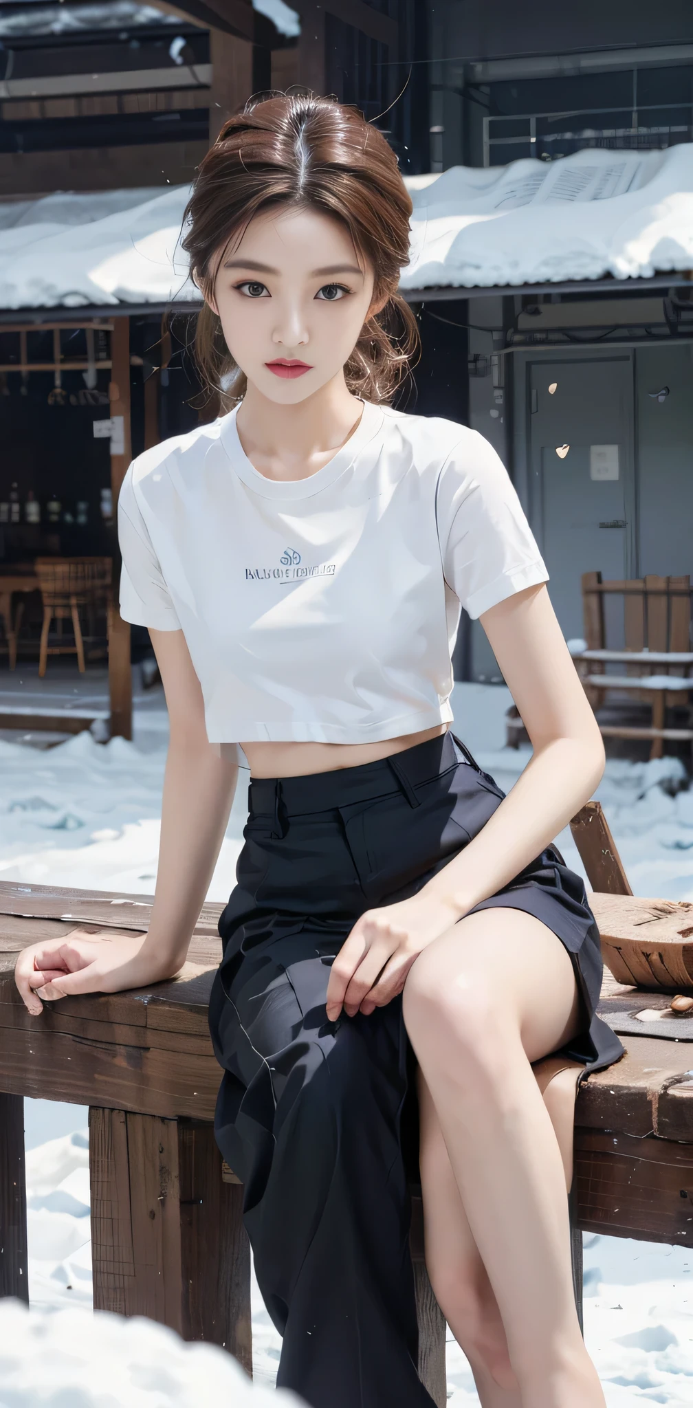 RAW photo, bokeh, (Lifelike face), smiled slightly, Top image quality, High resolution, best quality, 8k, HDR, (photorealistic:1.6), (1girl:1.4), Snow-whiteskin, slim body, brown and curly and messy hair, very detailed face, beautiful eyes, [chubby], adorable, full body portrait, Close-up, sharp outline, romantic, Korean stylish, fashion, uniform, crop top t-shirt, high waist skirt, (spread legs:1.27), delicate face, short brown hair fluttering in the wind, 22-year-old girl, slim figure, small bust, sexy, plump breasts, open chest, bra, charisma, glamorous, standing tall.