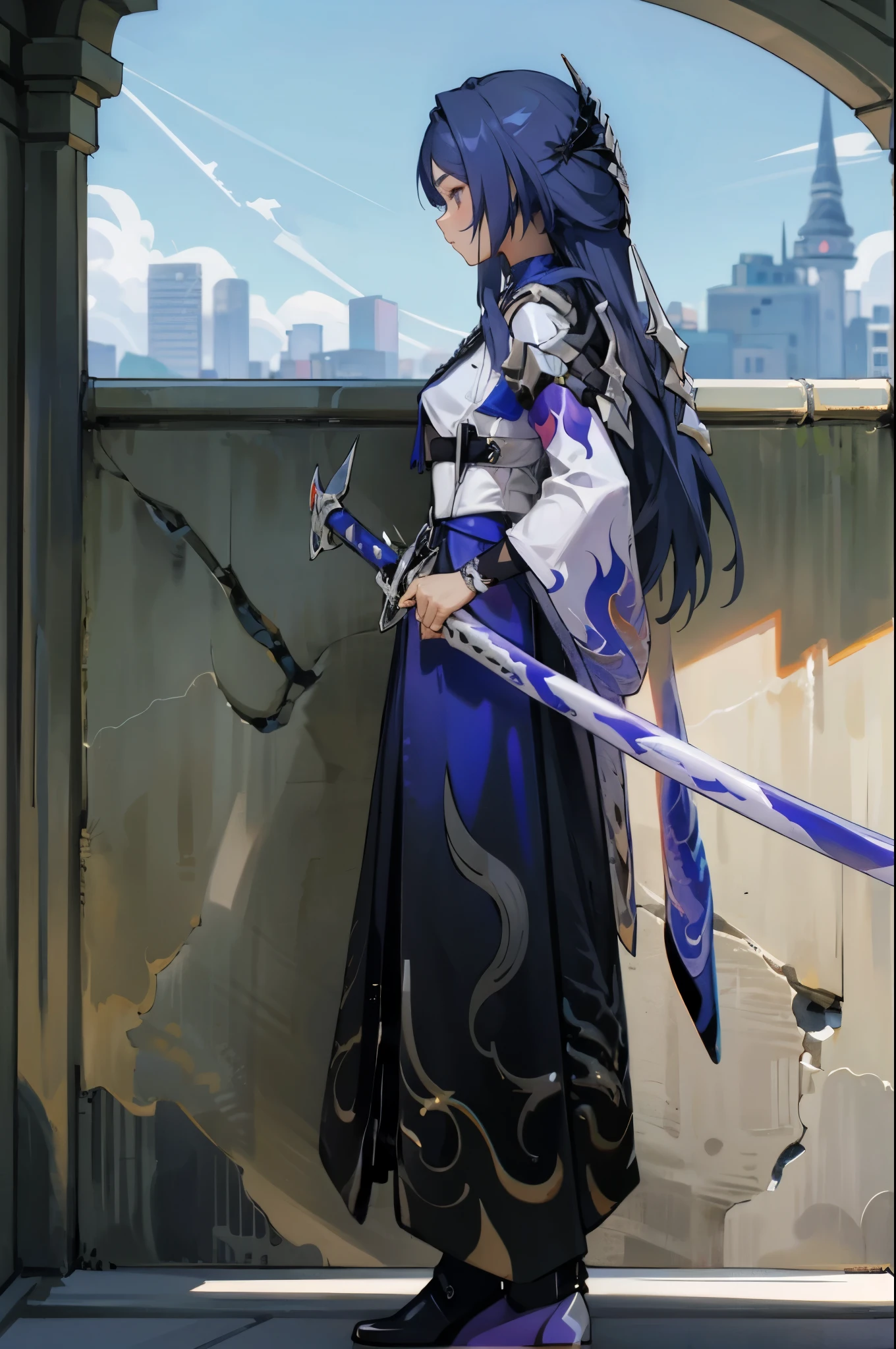 Very detailed, Masterpiece, 1 girl, ((leaning against a wall)), fantasy city, sword on hip, from side, back to wall, sidewalk, dress, long blue hair, white shirt, holding a peach, calm, 