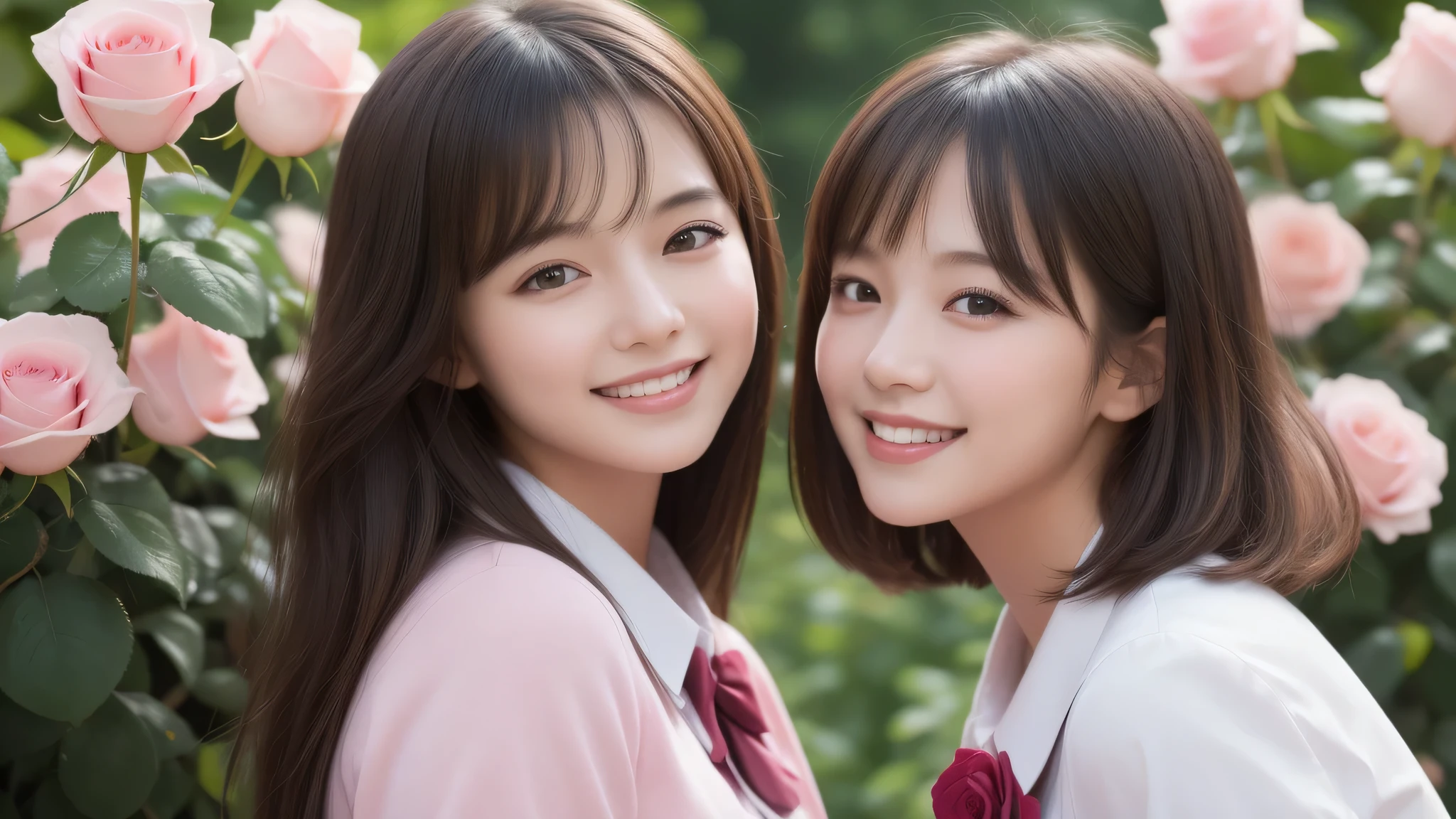 (2girl), bob hair, refreshing smiles, (high school uniform), (Best Quality:1.4), Realistic, extremely detailed CG unified 8k wallpaper, highly detailed, High-definition raw color photos, professional photography, Realistic portrait, Beautiful detailed, (Fine face:1.2), Close up portrait of girl, Outdoors, Beautiful scenery, clear skies, (pink Rose flowers, rose garden, lots of pink roses:1.2)