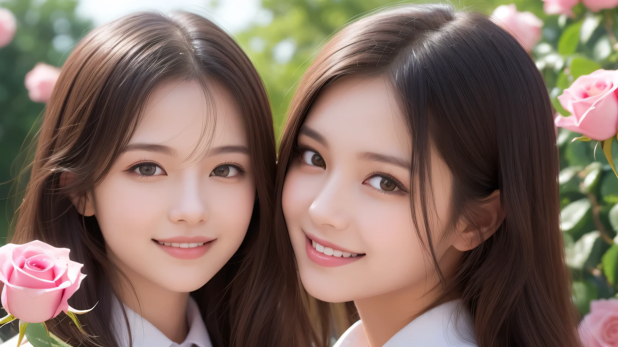(2girl), bob hair, refreshing smiles, (high school uniform), (Best Quality:1.4), Realistic, extremely detailed CG unified 8k wallpaper, highly detailed, High-definition raw color photos, professional photography, Realistic portrait, Beautiful detailed, (Fine face:1.2), Close up portrait of girl, Outdoors, Beautiful scenery, clear skies, (pink Rose flowers, rose garden, lots of pink roses:1.2)