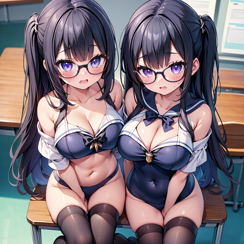 (cute eyes:1.2), (sparkling eyes:1.2), (8K、Best image quality、highest quality、masterpiece)、Detailed face、(2 girls)、Improve、(Black Hair, Purple Eyes, Glasses, long hair)、(open mouth), (embarrassed), (skinny body:1.3),(huge breasts:1.2), (off shoulder sailor swimsuit:1.2), (cleavage), (crop top navel), Sit on a chair, Classroom Background, (black stockings:1.1), (Thighs:1.1), (Waistline:1.1),(close-up shot of bust), (from above:1.2)