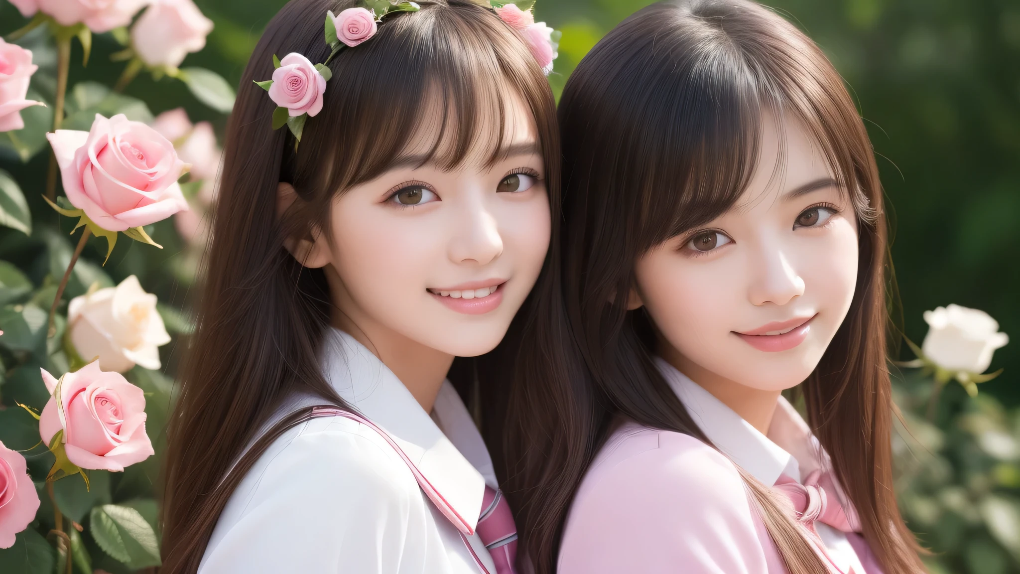 (2girl), bob hair, refreshing smiles, (high school uniform), (Best Quality:1.4), Realistic, extremely detailed CG unified 8k wallpaper, highly detailed, High-definition raw color photos, professional photography, Realistic portrait, Beautiful detailed, (Fine face:1.2), Close up portrait of girl, Outdoors, Beautiful scenery, clear skies, (pink Rose flowers, rose garden, lots of pink roses:1.2)