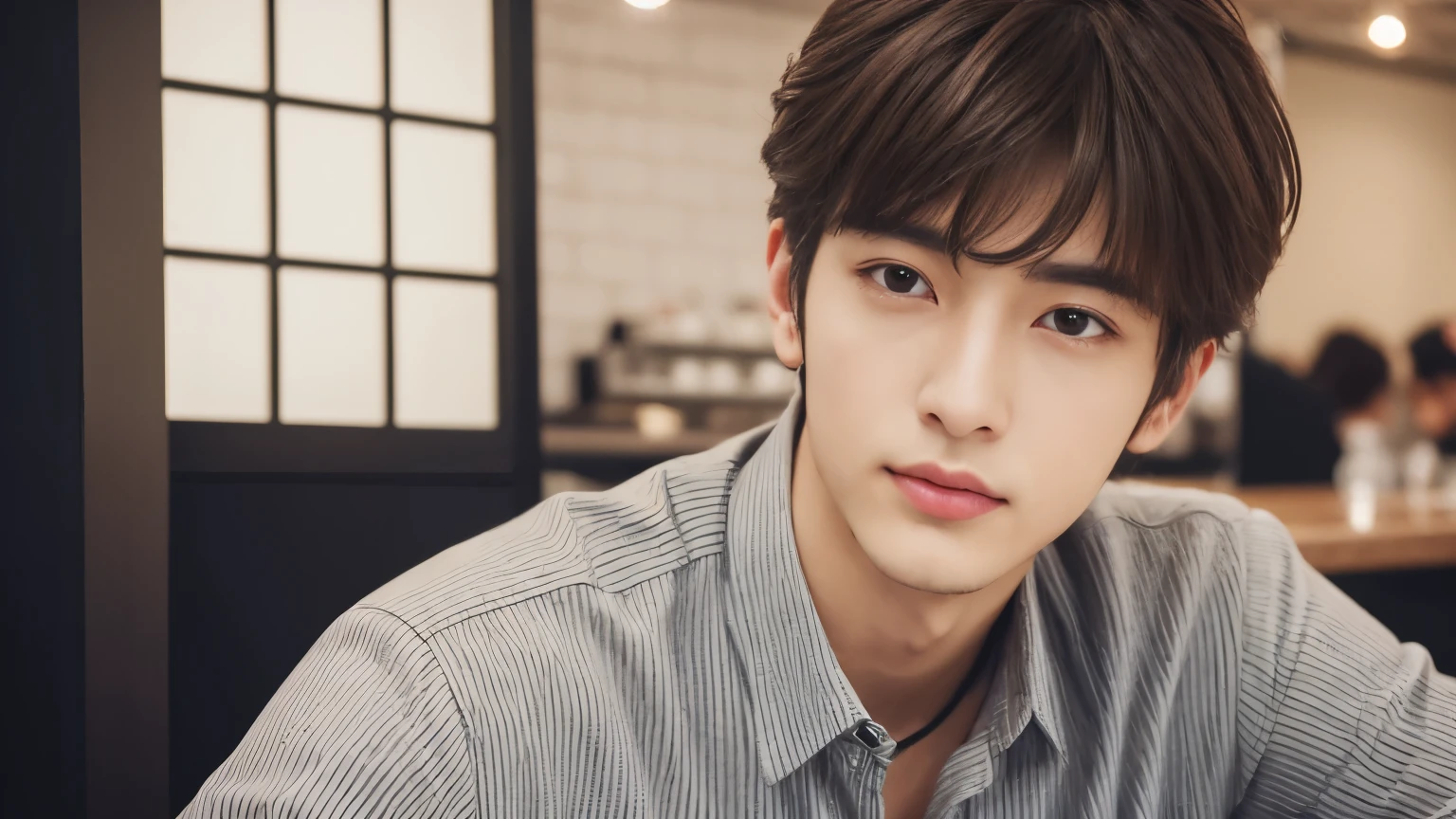 musician、A refreshing, handsome man in his 20s、(Super cool S-class boys)、Japan male, 20 years old、、Photographed inside a stylish cafe、a handsome guy、(CG Unity 8K high resolution photo)、(Very detailedSA handsome guy in class)、(Photorealistic)、(highest quality))、Very detailed、super high quality、expensive、Audience、kind person、Very beautiful hair Perm Hair、Bright photo、Handsome like a model、Handsome like an idol、looking at the camera、Inside a stylish cafe、Stubble
