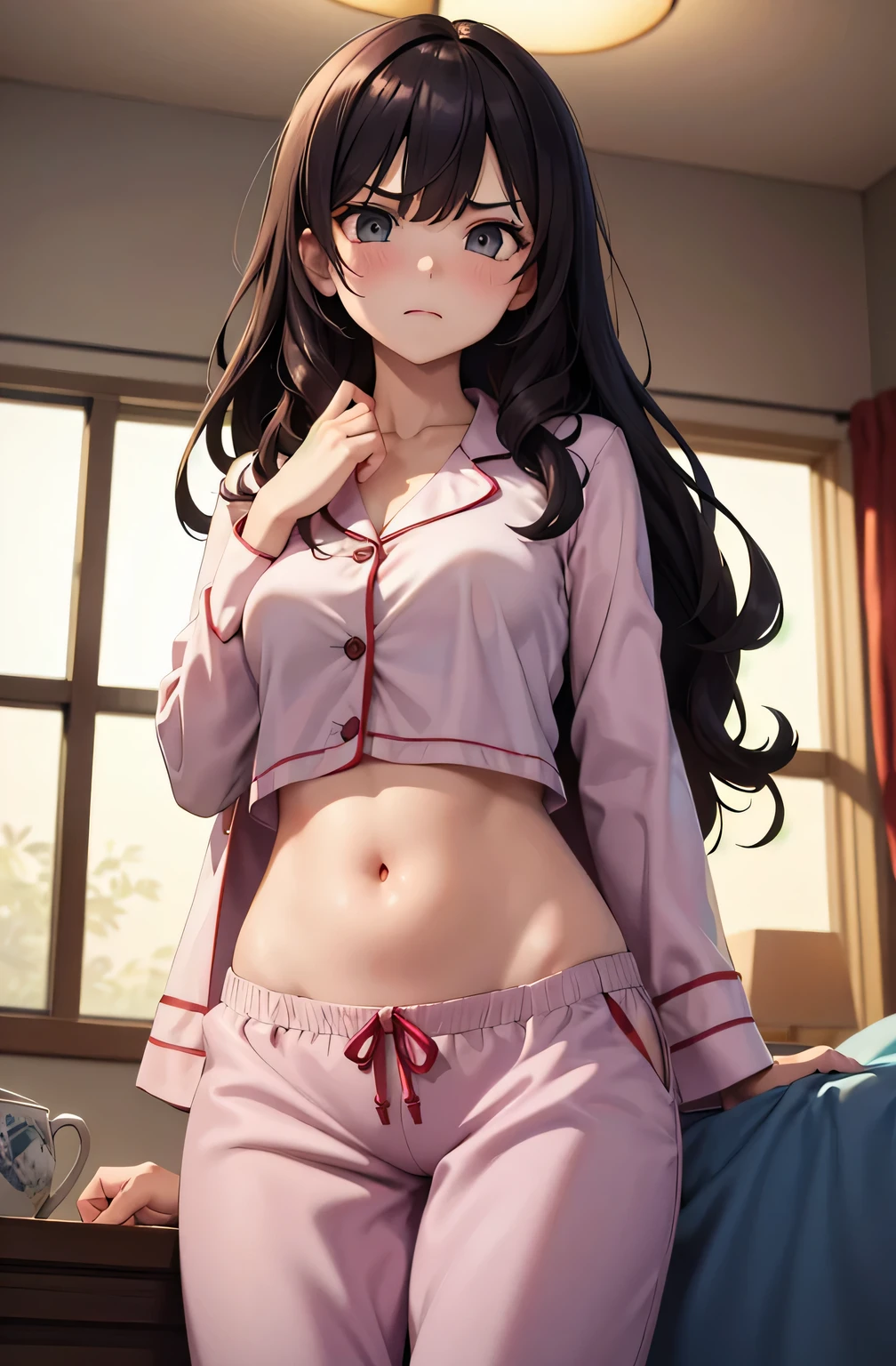 super fine illustration, vibrant colors, masterpiece, sharp focus, best quality, depth of field, cinematic lighting, ultra detailed, sleeves, crop top, pajamas, button-up, pajama pants, drawstring, belly button, wide hips, 1 woman, home, solo, very messy hair, dark color hair, long hair, curly hair, blush, angry, room, indoors, mature female, tall woman, medium breasts,