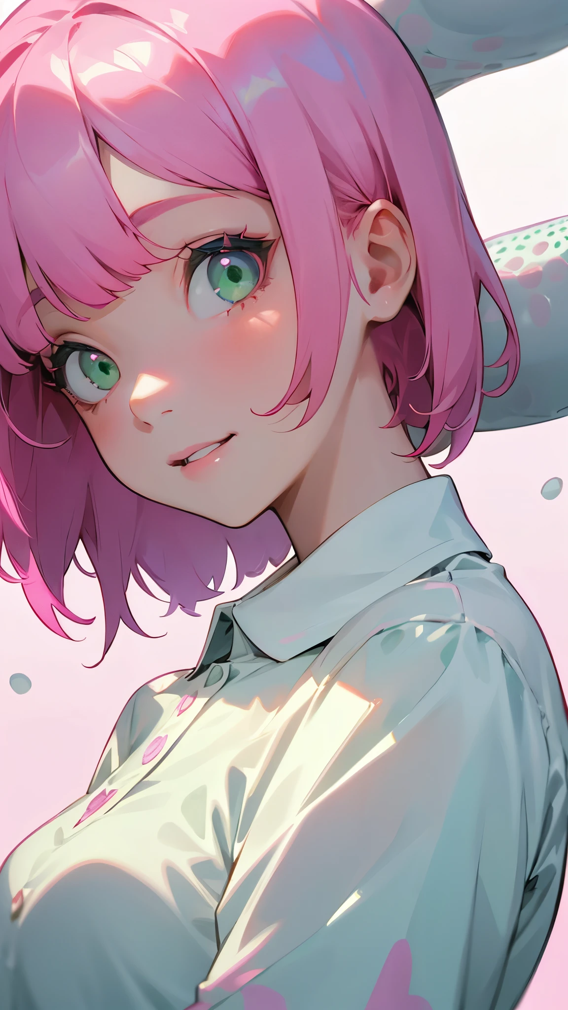 One Girl、single、alone、Trypophobia Eyes、Pink Hair、short hair、bangs、Green Eyes、Beautiful Eyes、White polo shirt、From the side、Upper body close-up、Side body、smile