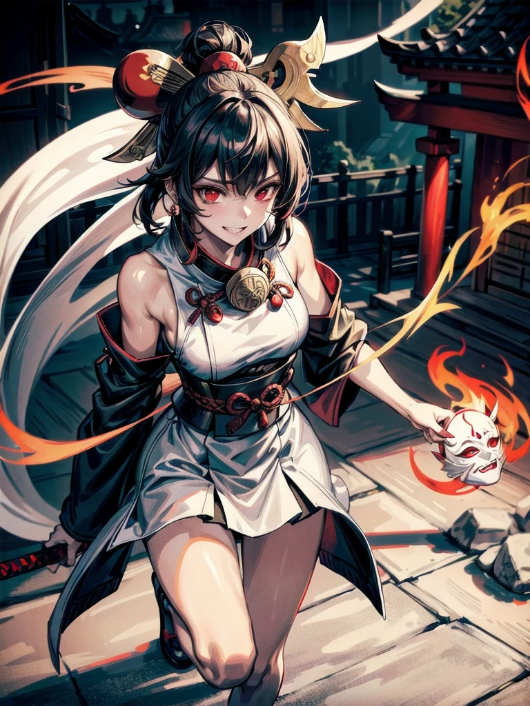 ((in shrine)), red-black costume, holding a sword, Onmyoji, nobushi, Flowing white robe, Ghost fire, Daoism, (put on Mask), absurdres, RAW photo, extremely delicate and beautiful, masterpiece, Best Quality, ultra high resolution, 32k, hyperrealistic, ultra-detailed, detailed description, pale skin, 20 years old, tearful mole, earring, Colossal tits, short medium hair, wavy hair, evil grin, full body shot,