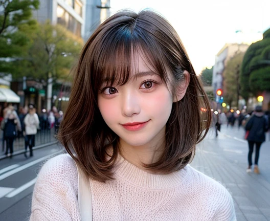 highest quality, shape, Very detailed, finely, High resolution, 8k wallpaper,, finelyて美しい目, Wearing a pale pink knit,Medium Hair,Natural color lip, smile,Harajuku、Teenage Girl、cute、Brown Hair、The background is the city、Upper Body、Long legs、