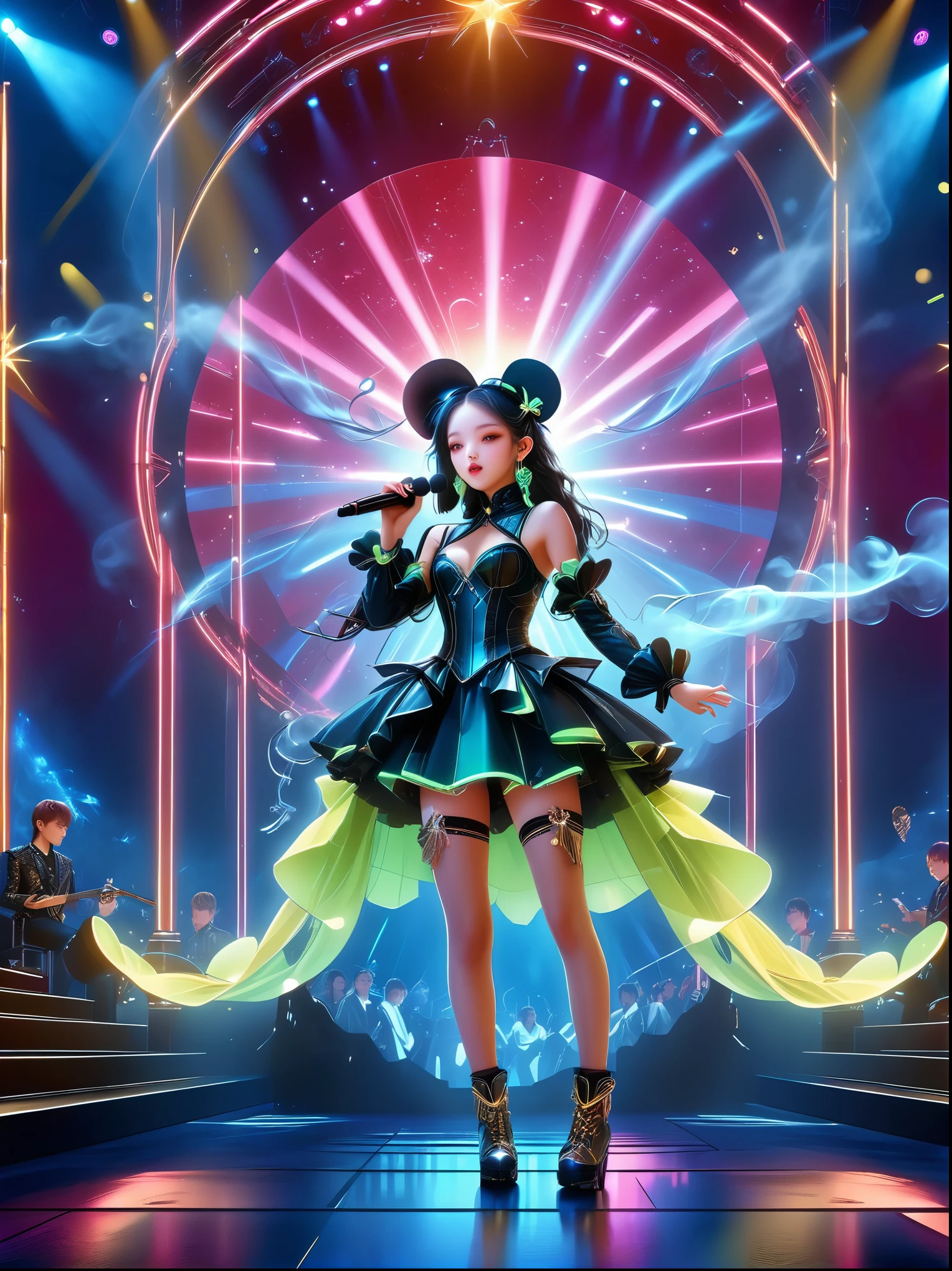 (Vision:1.8),1girl, concert,(audience:1.5), (Idol stage:1.5),1 beautiful young female idol, Wearing futuristic costumes, (((microphone))),(在Idol stage上唱歌:1.6), futuristic stage, (complex stage design:1.3), (Mechanical stage elements:1.5), Dreamy atmosphere, Starry sky background, (lunar backdrop:1.5), shining lights, Neon embellished, The stage is filled with smoke,Lights focus on people,It creates a mysterious and charming atmosphere,Even more attractive against the shadow background,Laser shows and moving stage effects complement the pulsating neon lights,Create a vibrant performance atmosphere,The stage floor is gleaming,The crowd was enthusiastic,Warm atmosphere,Eye-catching stage design,Full of technology,World-class production standards,Bringing a modern entertainment experience,Music and images blend perfectly,Demonstrating artistic expression and musical talent,The charming stage style makes people intoxicated,Best quality,8K, high resolution,masterpiece,Photorealistic effects,(从远处观看Idol stage:1.6),((Stage scene in telescope))