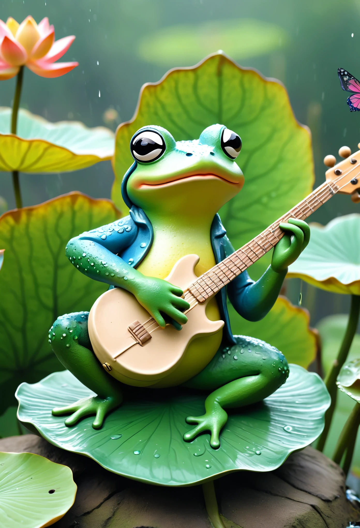 (best quality:1.2),ultra-light Clay, Clay, Pottery,  distressed, dirty, mineral pigments, 3D Clay sculpture art, Clay sculpture, Rough surface, (artwork，Several frog puppet sculptures on lotus leaves。Holding the microphone，Guitar，saxophone，Long legs，Interesting concept art,)，Colorful butterflies in the air,Bokeh，Soft and beautiful picture，Rainy Day，dew