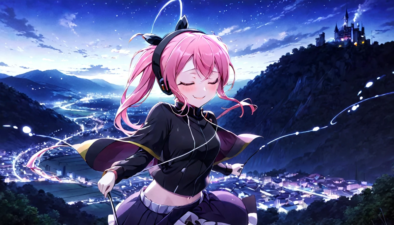 a castle floating in the distance and people in the distance with powers, pink hair, happy, headphones on listening to music and dancing panorama mode image that shows the landscape and that the girl does not look at the camera and that her entire body is seen, with a smile on her face, closing her eyes, with a katana hanging on her anime waist, anime, anime!!! Poniendose los audifonos