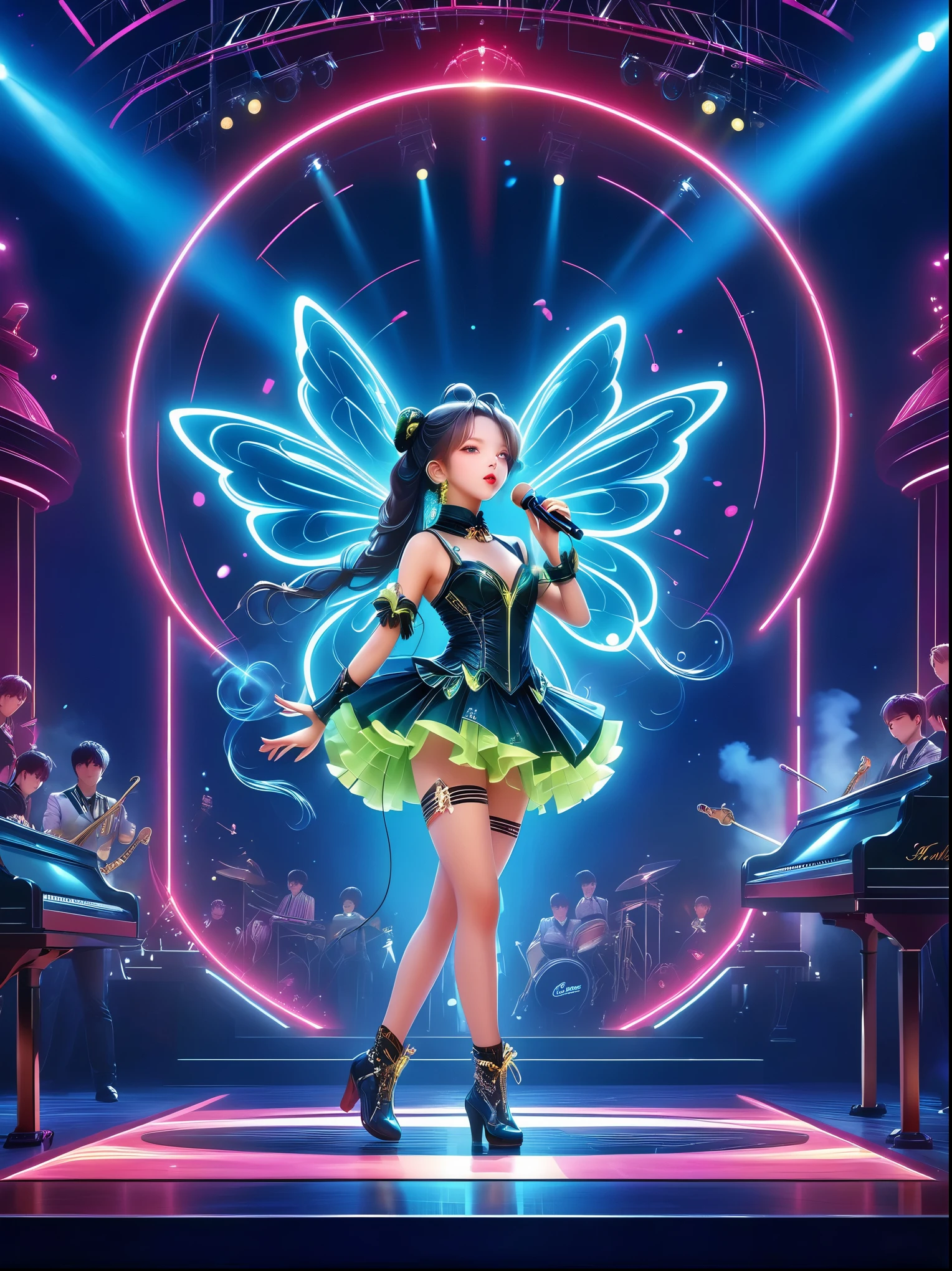 (Vision:1.8)，1girl, concert，(audience:1.5), (Idol stage:1.5)，1 beautiful young female idol, Wearing futuristic costumes, (((microphone)))，(在Idol stage上唱歌:1.6), futuristic stage, (complex stage design:1.3), (Mechanical stage elements:1.5), Dreamy atmosphere, Starry sky background, (lunar backdrop:1.5), shining lights, Neon embellished, The stage is filled with smoke，Lights focus on people，It creates a mysterious and charming atmosphere，Even more attractive against the shadow background，Laser shows and moving stage effects complement the pulsating neon lights，Create a vibrant performance atmosphere，The stage floor is gleaming，The crowd was enthusiastic，Warm atmosphere，Eye-catching stage design，Full of technology，World-class production standards，Bringing a modern entertainment experience，Music and images blend perfectly，Demonstrating artistic expression and musical talent，The charming stage style makes people intoxicated，Best quality，8K, high resolution，masterpiece，Photorealistic effects，(从远处观看Idol stage:1.6)，((Stage scene in telescope))