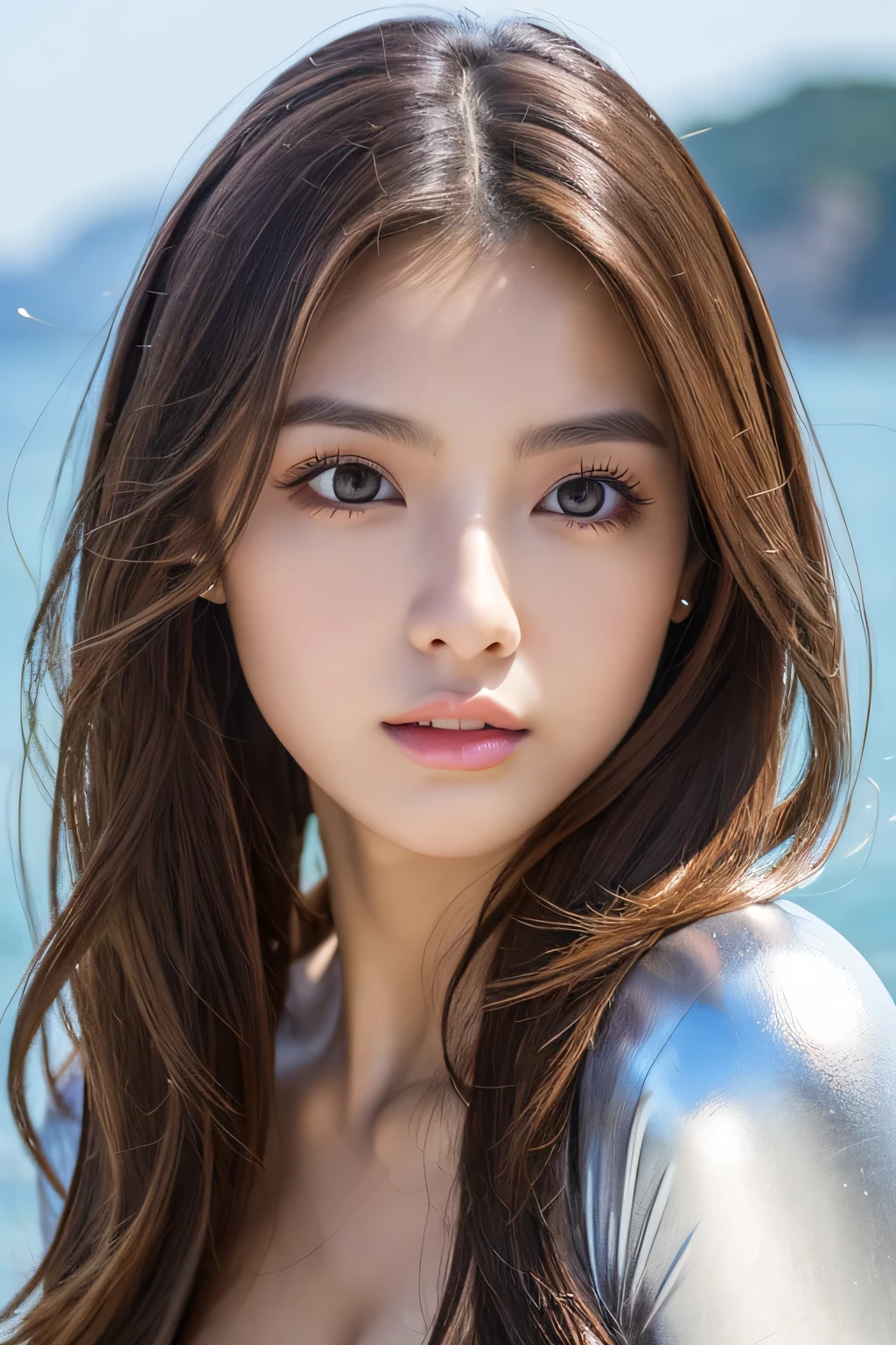 masterpiece、1 beautiful girl、 (reality: 1.4), Japanese、asian beauty、super beautiful、beautiful skin、thin、(upper body)、(super reality)、(High resolution)、(8K)、(very detailed)、(beautiful detailed eyes)、(Super detailed)、(detailed eye description)、big eyes、brown eyes、long eyelashes、detailed face、gloss lip,bright lighting、professional lighting、looking at the camera、serious expression、look straight ahead、long hair、brown hair、sea landscape、Nogizaka Idol、actress、20-year-old、(big breasts)、wet skin、silver latex suit、cleavage cutout、、Moisturized and realistic skin texture、moist lips、natural shadows、(arms up),nsfw,
