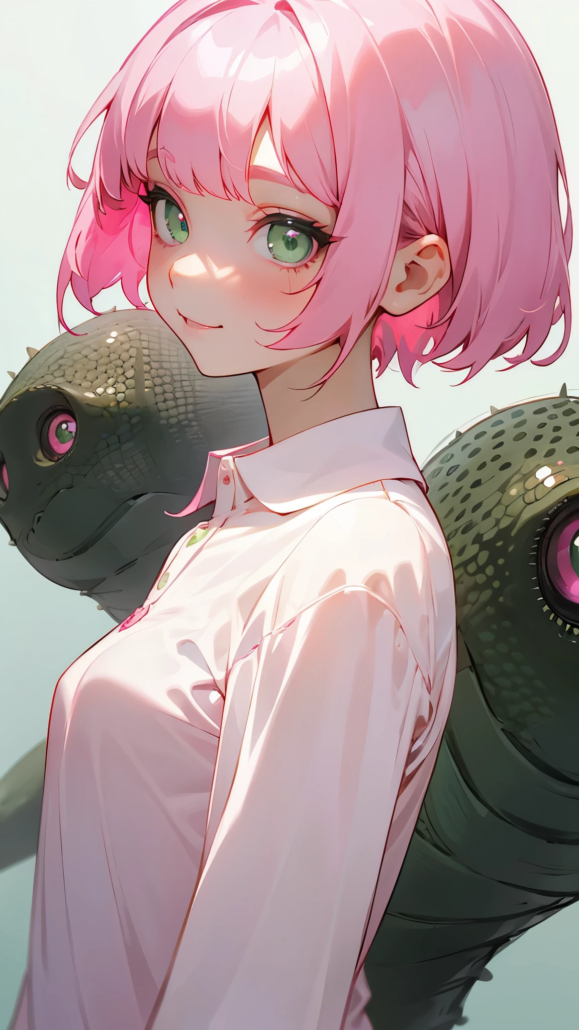 One Girl、single、alone、Trypophobia Eyes、Pink Hair、short hair、bangs、Green Eyes、Beautiful Eyes、White polo shirt、From the side、Upper body close-up、Side body、smile