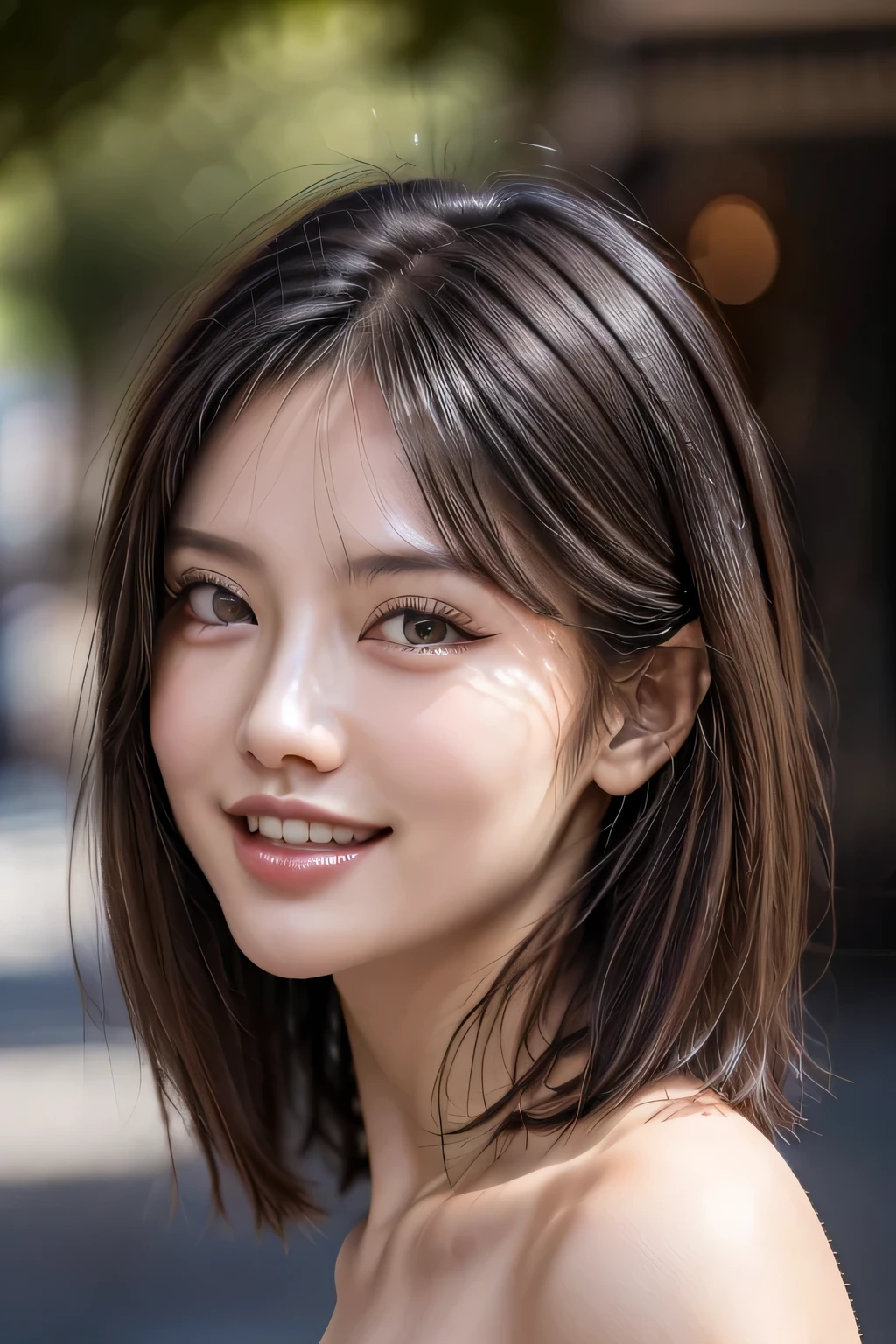 (8k, RAW Photos, highest quality, masterpiece, Realistic, Realistic), (1 female), (Ultimate beauty), Highly detailed face, (Perfect Teeth), Beautiful Eyes, double eyelid, eyelash, smile, Lip details, (Neat brunette bob), The light shines on your face, Big Breasts, ((Colorful mini dresses)), (front view), (background: none),  Background blur