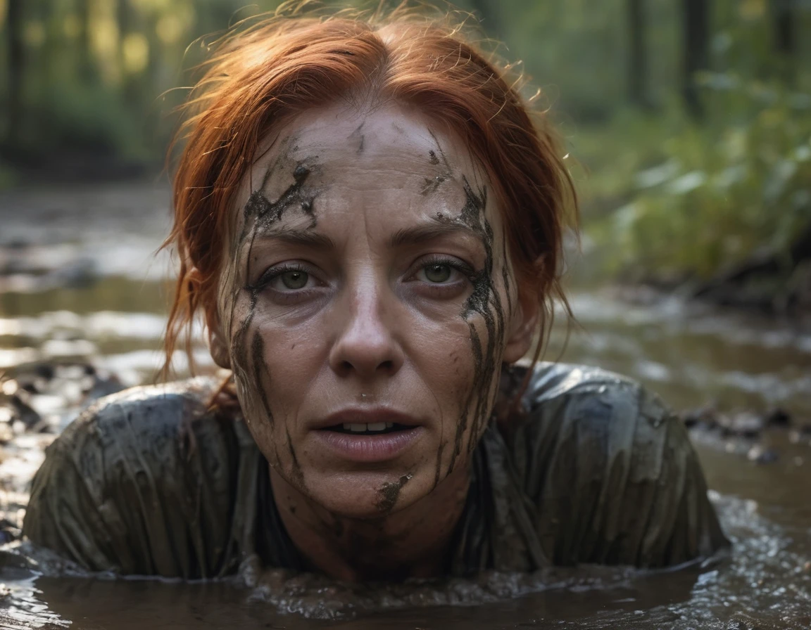 Hyper-realistic, ultradetailed, Raw, masterpiece. (a closeup portrait). A night in a dark forest. 40-years-old woman is caught drowning in a quicksand sticky cement bog. The swamp sexually devours her body. ((on face: fright, depraved)). ((soaked muddy jeans)), (t-shirt), shortness of breath, shameful, loses control of himself, ((Trapped in lust, defenseless)), Copper-red hair, sweat, hard breath
