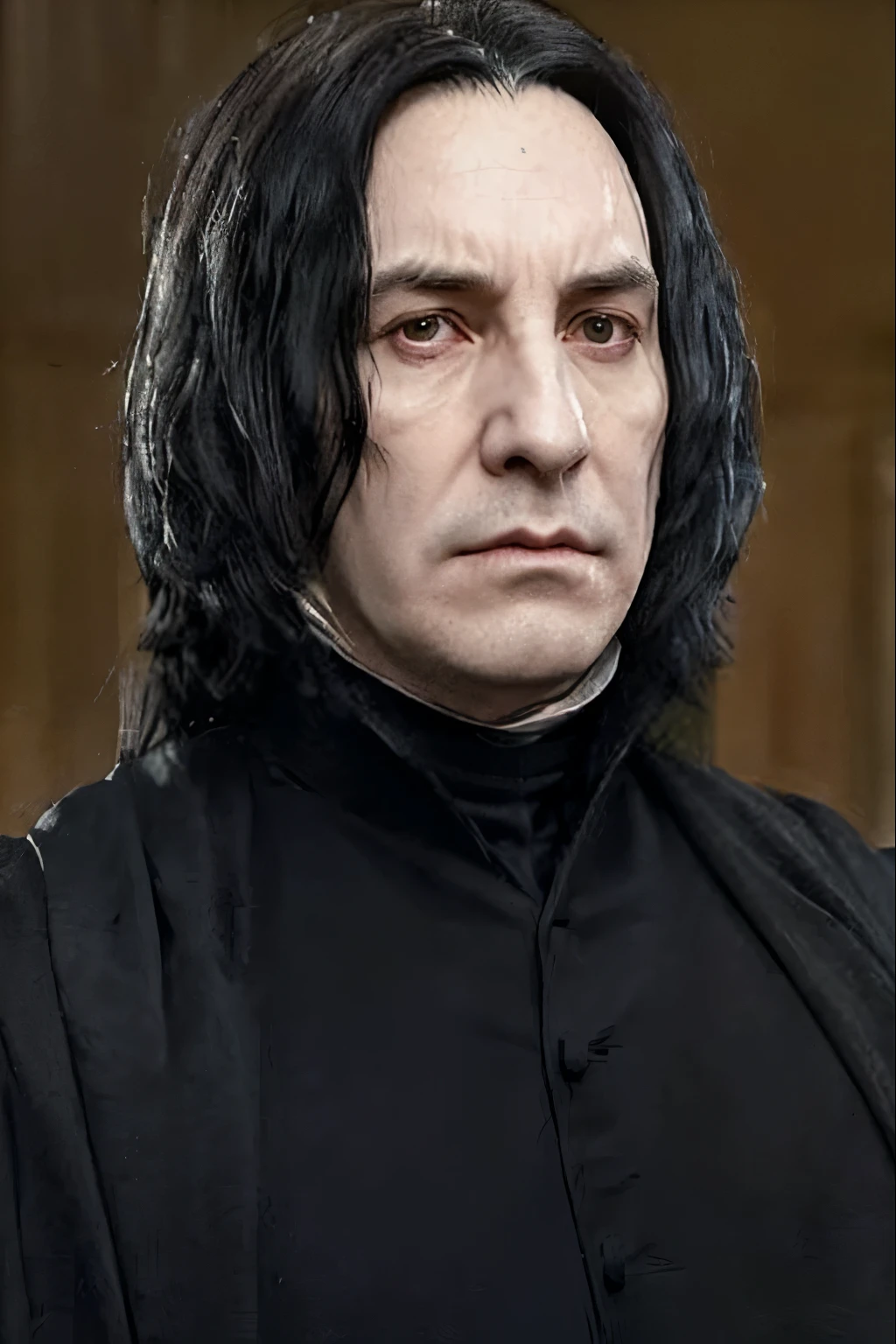 Harry Potter and The Deathly Hollows Film accurate Severus Snape played age 40 with all long black hair dark brown eyes large hooked nose with full bridge line between brows full face annoyed look on his face inside Malfoy Manor A long, flowing black cloak billows behind,bmale