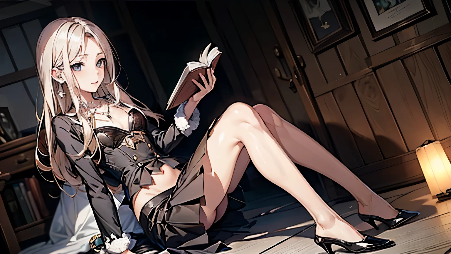 ((Biologically correct limb count))、(( Full-body photo including face))、4K、masterpiece、((Symmetrical facial features))、Eye for detailed depiction、Beautiful woman、Excellent style、Beautiful clavicle、Beautiful feet、Beautiful Hands、Slender body、(Small Ass、Thin thighini skirt、(High heels）、Facial detailing、Small earrings、necklace、Glancing sideways、tie、Great background、Low Angle、Sitting and reading a book