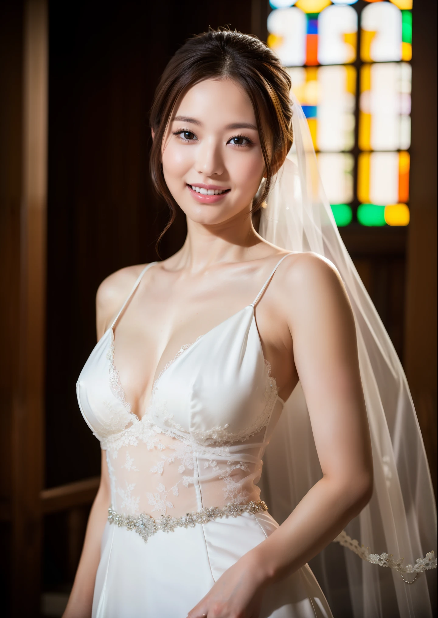 Beautiful 20 year old  woman。She is wearing a wedding dress. She is smiling on illuminated by the evening church lights . romantic sunset. her dark brown hair. High resolution、masterpiece、highest quality、頭w:1.0、((Hasselblad Photos))、fine skin、(movie lighting)、clavicle . full body picture.