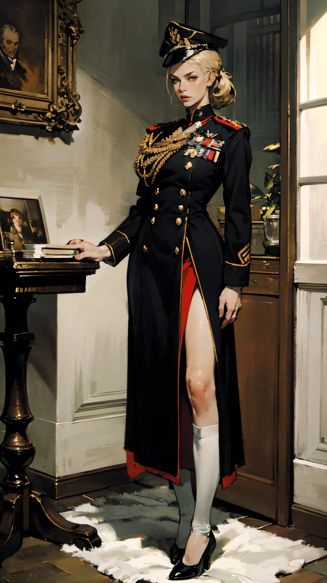 (Best quality, 4K, high resolution, masterpiece:1.2), ultra-detailed, realistic (photo-realistic:1.37), araffe attractive young woman, senior military officer, (wearing black Prussian Hussar uniform and Prussian Deaths Head Shako Hat), blonde hair, high ponytail hair style, standing confidently, This full-body portrait captures her strength and authority, with sharp focus on her uniform's details and her commanding gaze, The image evokes an aura of discipline and respect, set against a military backdrop,