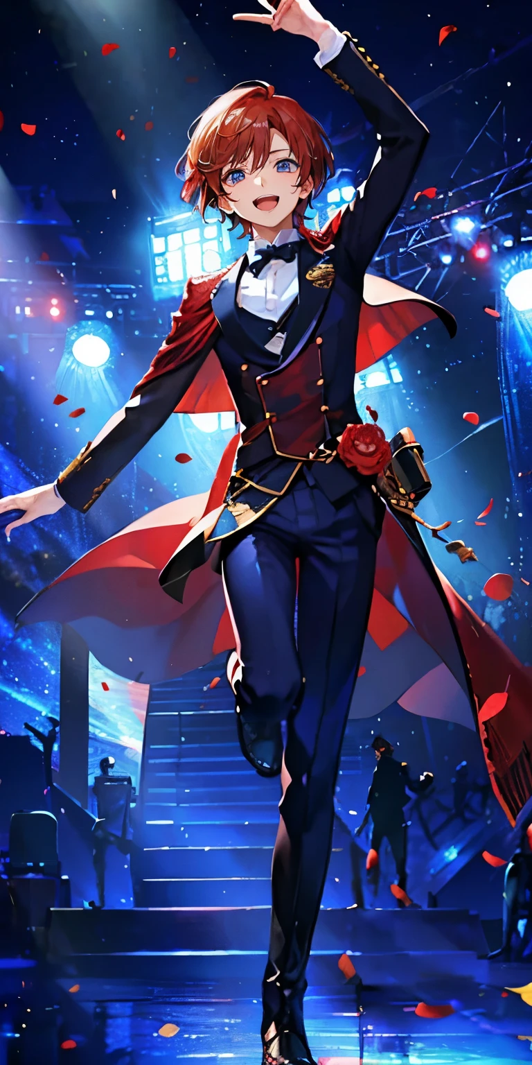 (Mastepiece), (Best Quality), Very detailed, ((1 boy)), Perfect Face, Beautiful Face, Very detailedな顔，((Red hair_short hair_blue eyes:1.3))，Male solo idol、Gorgeous idol costumes、Cape、boots、(pants:1.2)、(Hold the microphone)、stage、Concert Dome、Lots of confetti、(smile:1.4)、(Open your mouth wide)、sing、dance、Wink、Laser light、Spotlight