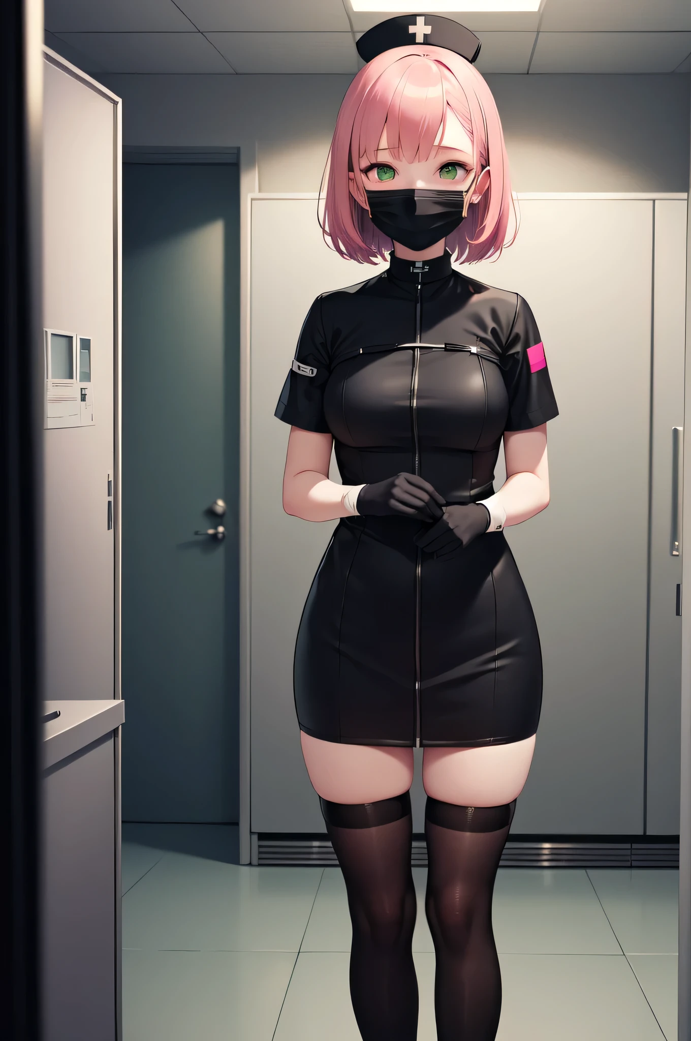 black nurse, 1girl, solo, black nurse cap, black nurse uniform, ((black legwear, zettai ryouiki)), black elbow gloves, pink hair, green eyes, drooping eyes, ((black surgical mask, covered nose)), standing, ((surgery room)), sharp outline, short sleeves, best quality, masterpiece