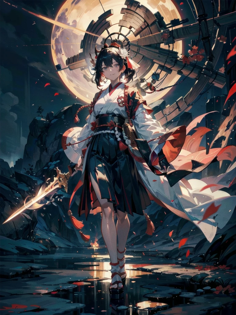 ((in shrine)), red-black costume, holding a sword, Onmyoji, nobushi, Flowing white robe, Ghost fire, Daoism, (put on Mask), absurdres, RAW photo, extremely delicate and beautiful, masterpiece, Best Quality, ultra high resolution, 32k, hyperrealistic, ultra-detailed, detailed description, pale skin, 20 years old, tearful mole, earring, Colossal tits, short medium hair, wavy hair, evil grin, full body shot,