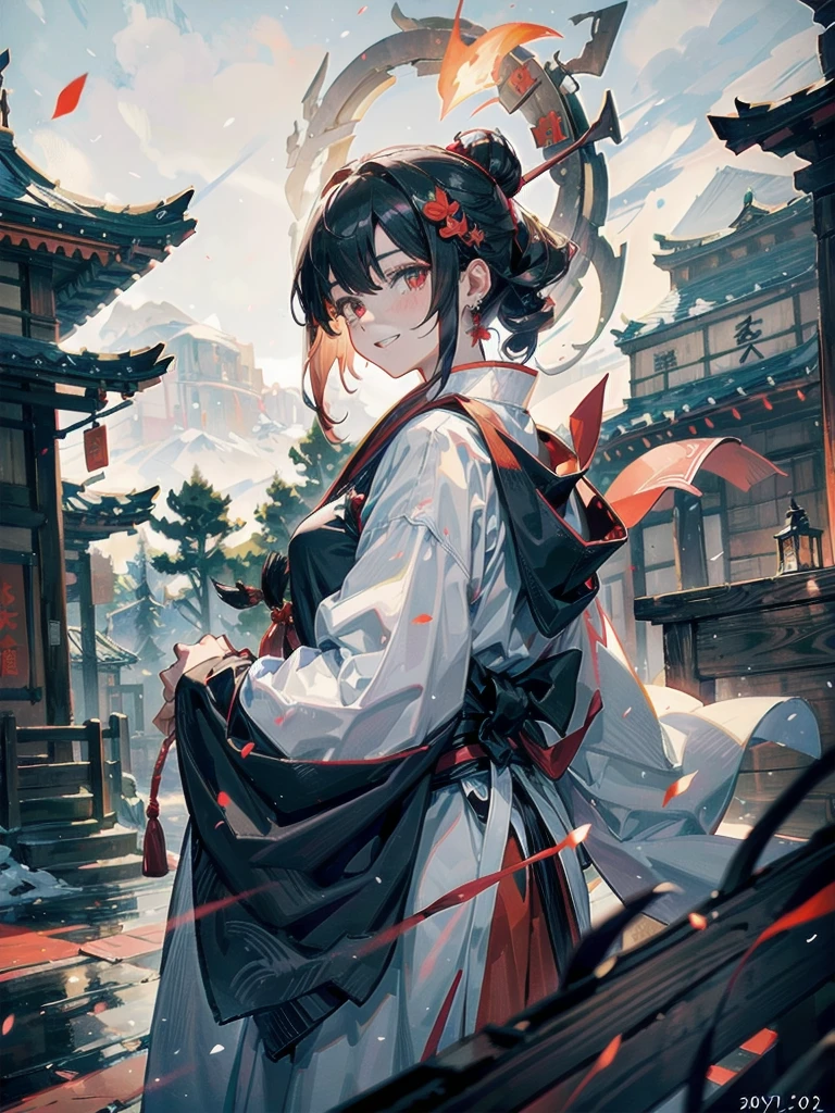 ((in shrine)), red-black costume, holding a sword, Onmyoji, nobushi, Flowing white robe, Ghost fire, Daoism, (put on Mask), absurdres, RAW photo, extremely delicate and beautiful, masterpiece, Best Quality, ultra high resolution, 32k, hyperrealistic, ultra-detailed, detailed description, pale skin, 20 years old, tearful mole, earring, Colossal tits, short medium hair, wavy hair, evil grin, full body shot,