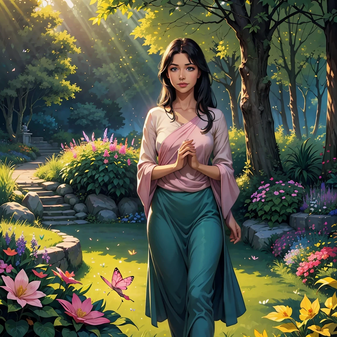 (best quality,realistic,1girl),40 years old,very detailed blue eyes,very detailed pink lips,long and straight black hair,short,t-shirt,cozy ambience,soft lighting,tranquil ambiance,full body,pleasant garden,butterflies,floating flowers,peaceful atmosphere,lush greenery,serene moment,delicate features,subtle smile,sparrows chirping,relaxed pose,gentle breeze,harmonious colors,natural beauty,dewdrops on leaves,calm expression,serenity and tranquility,sun-kissed glow,whisper of leaves,rays of sunlight filtering through trees,sun-dappled shade,harmony with nature,contemplative mood,sublime tranquility