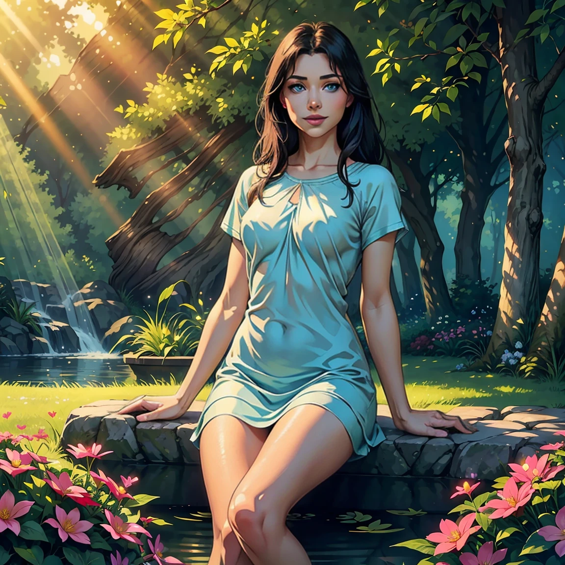 An illustrated movie poster, hand-drawn, full color, a young elven girl, elf, wearing a linen mini-dress, warm brown complexion, sun-tanned skin, pointy elf ears, azure eyes, dark hair, long loose waves, waist-length hair, posing in a tropical swimming hole, hard shadows, graphite shading, stencil marks, airbrushed acrylic paint, masterpiece, in the style of Rockstar Games