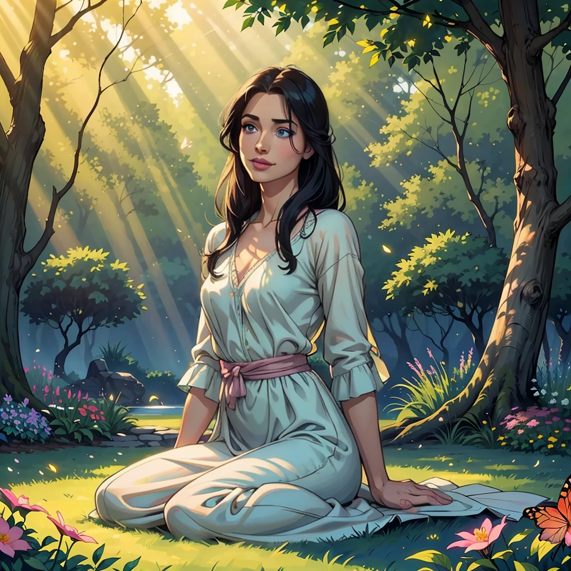 (best quality,realistic,1girl),40 years old,very detailed blue eyes,very detailed pink lips,long and straight black hair,short,t-shirt,cozy ambience,soft lighting,tranquil ambiance,full body,pleasant garden,butterflies,floating flowers,peaceful atmosphere,lush greenery,serene moment,delicate features,subtle smile,sparrows chirping,relaxed pose,gentle breeze,harmonious colors,natural beauty,dewdrops on leaves,calm expression,serenity and tranquility,sun-kissed glow,whisper of leaves,rays of sunlight filtering through trees,sun-dappled shade,harmony with nature,contemplative mood,sublime tranquility