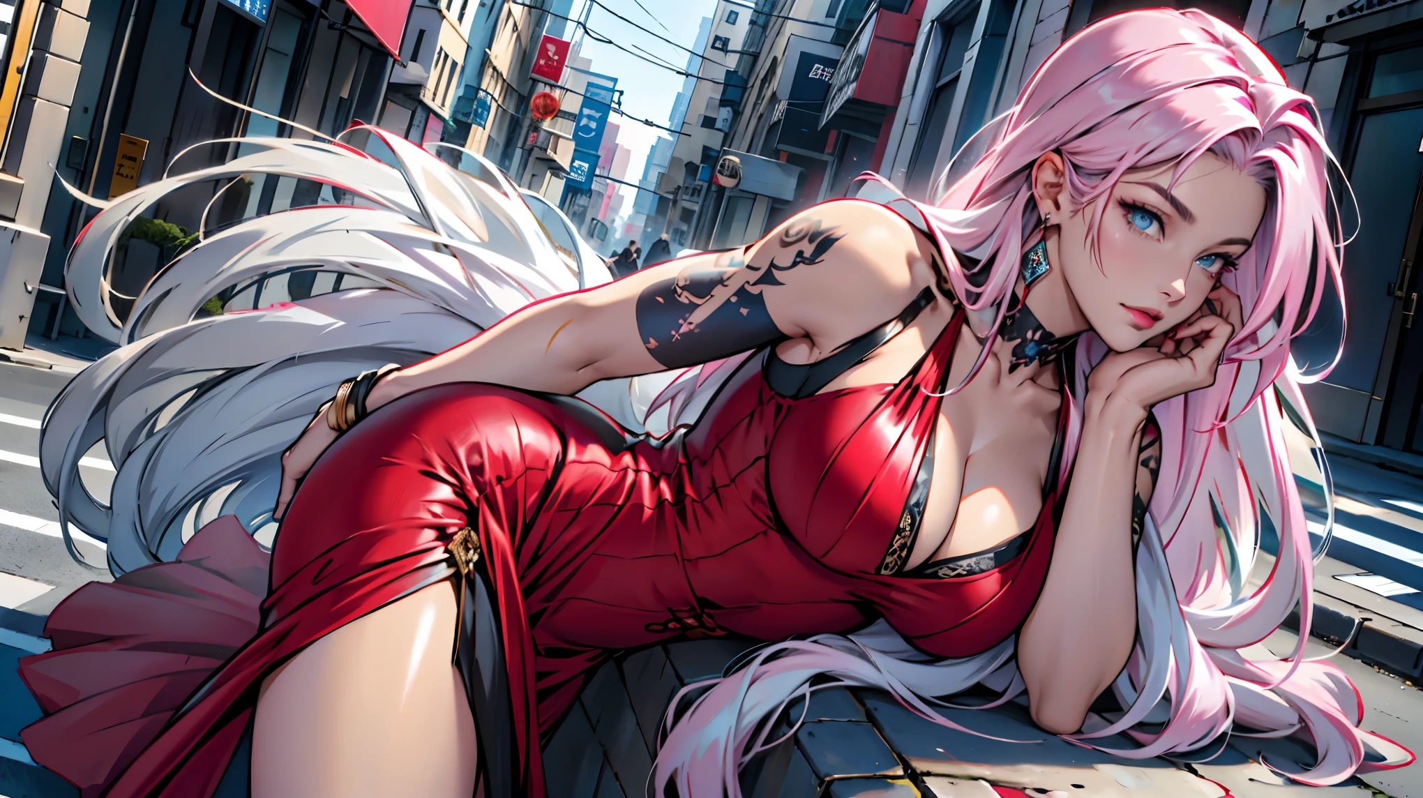 photorealistic, high resolution, 1women, shining skin, solo, tattoo, jewelry, pink lips, (((long while hair, blue eyes))), closed mouth, street wear, hips up, red dress