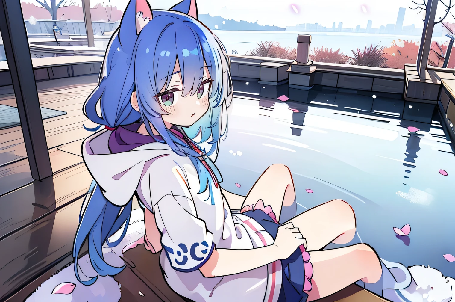 (best quality,4k,8k,highres,masterpiece:1.2),ultra-detailed,(realistic,photorealistic,photo-realistic:1.37),super detailed, lifelike, expressive eyes, fair skin, perfect face shape, 1 girl,
Japanese comics, gorgeous blue hair, flowing blue hair, flowing clothes, cat ears, petals fall, beautiful lola, baby angel,
cross your legs, gentle and peaceful background, cool and comfortable pavilion, smile, wearing hoodie, Tokyo background, back views, snowing, winter