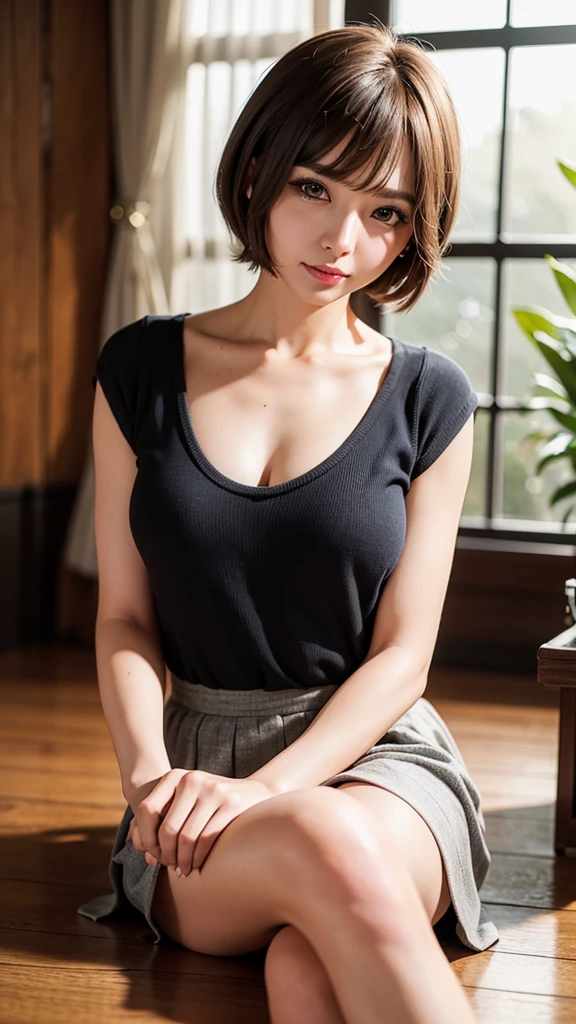 Masseter muscle area, highest quality, masterpiece, High resolution, Photorealistic, Raw photo, 8K Wallpaper, Flawless, Professional Lighting, Very detailed, Depth of written boundary, ((美しい日本人Mature Woman)), ((60 years)), Tank top, Knit skirt, Do not show your bust, She spreads her legs and lifts her skirt to show her panties, パンティのクロッチ部分を指で触りクリトリスを刺激して色っぽく恍惚の表情を浮かべるMature Woman, Mature Woman, Detailed face, Beautiful Eyes, Small face, round face, (Large, narrow, cat-like eyes), Long eyelashes, Big Nose, Large forehead, (Sit with good posture), Shapely big breasts, Large areola, Erect large nipples, Light brown permed short hair,