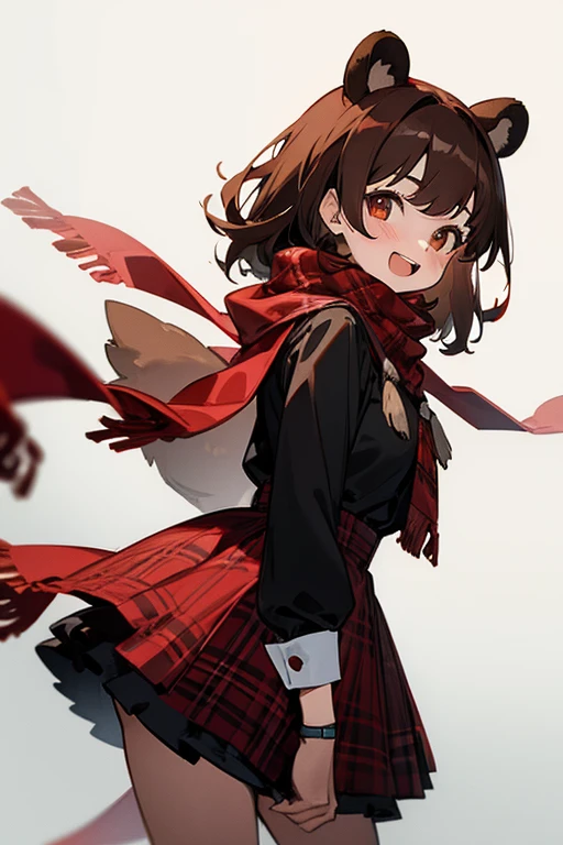 Girl with brown hair, bear ears, red tartan scarf, black dress, happy