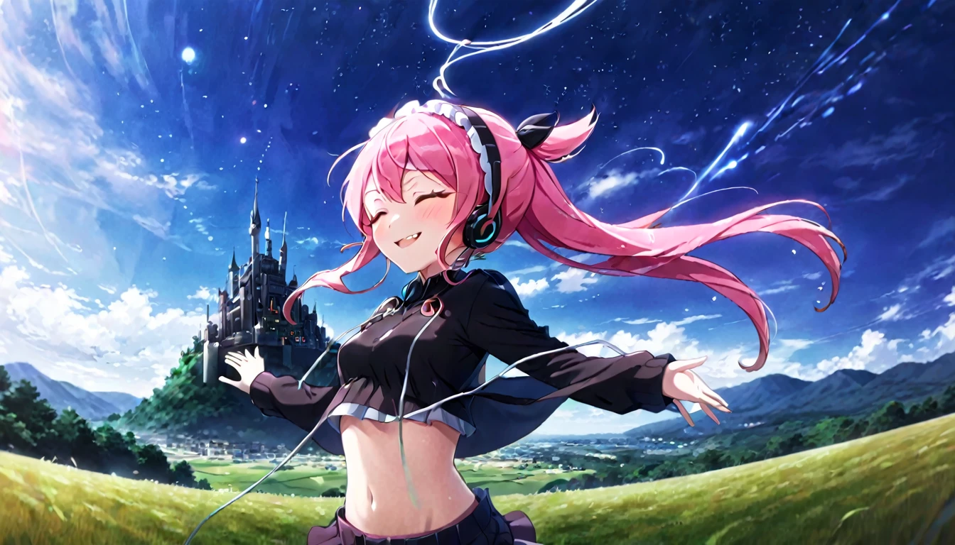 a castle floating in the distance and people in the distance with powers, pink hair, happy, headphones on listening to music and dancing panorama mode image that shows the landscape and that the girl does not look at the camera and that her entire body is seen, with a smile on her face, closing her eyes, with a katana hanging on her anime waist, anime, anime!!! Poniendose los audifonos