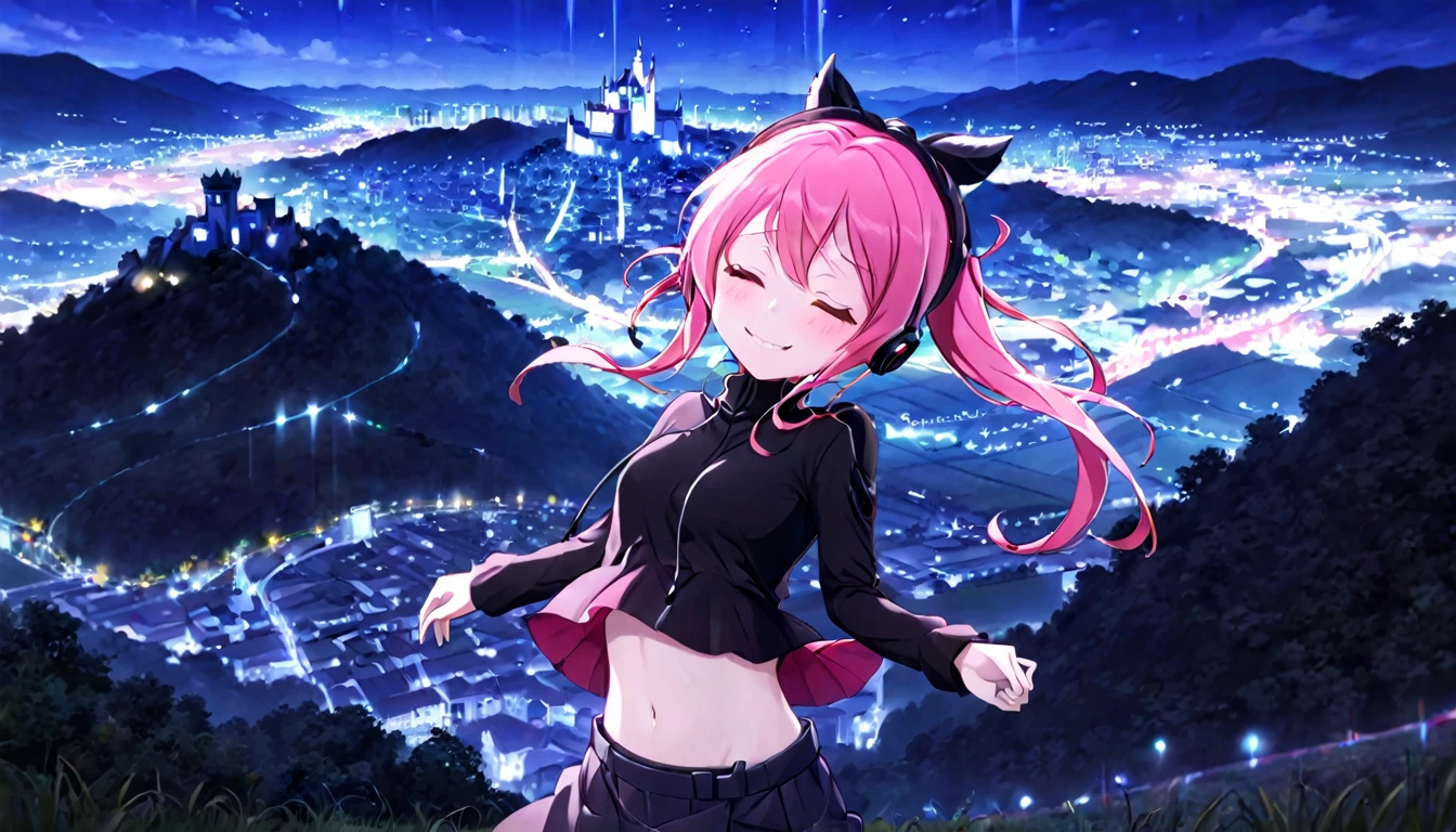 a castle floating in the distance and people in the distance with powers, pink hair, happy, headphones on listening to music and dancing panorama mode image that shows the landscape and that the girl does not look at the camera and that her entire body is seen, with a smile on her face, closing her eyes, with a katana hanging on her anime waist, anime, anime!!! Poniendose los audifonos