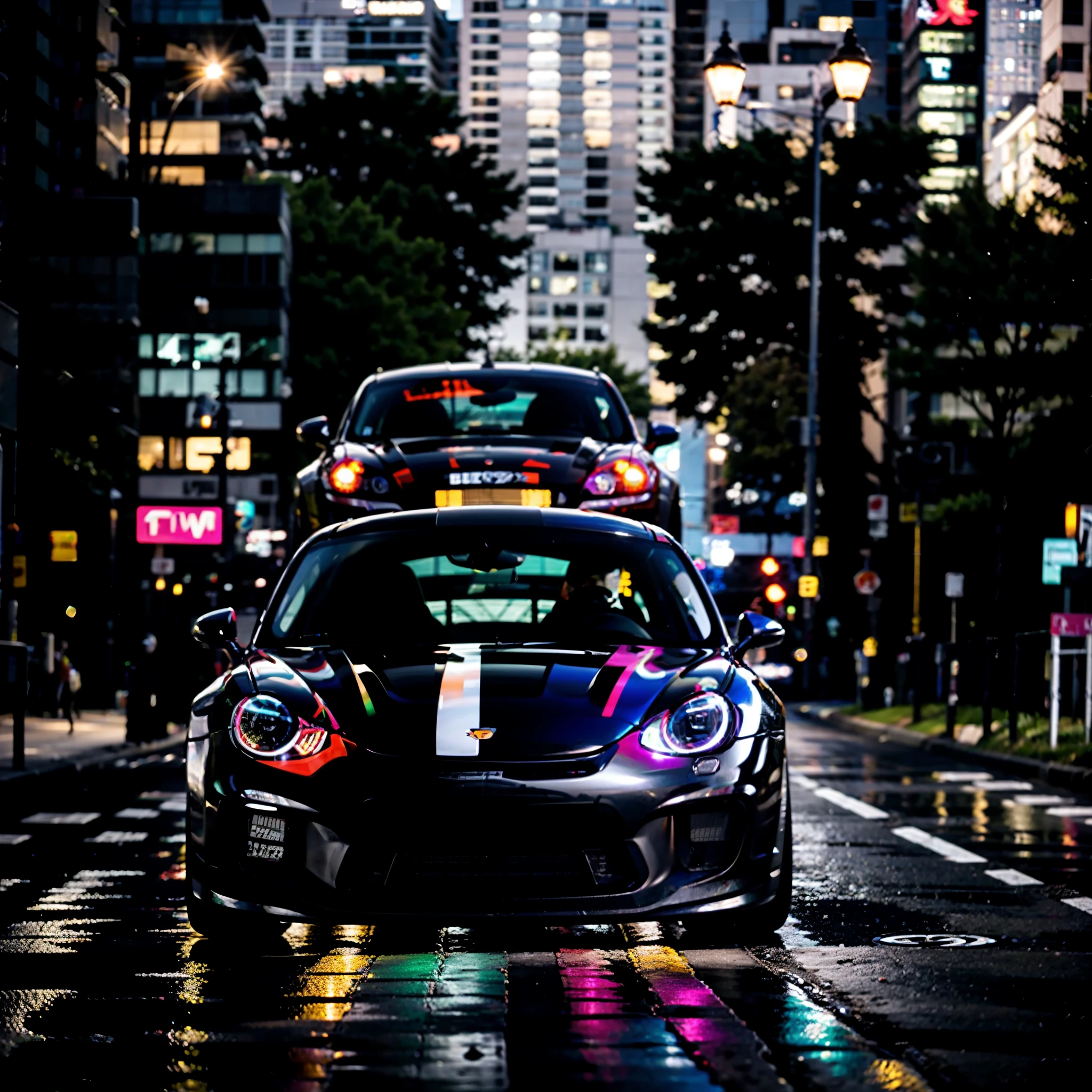 crir imagem de gt3 rs super modificado fazendo drift em alta velocidade a noite chuva montanhas ao fundo luzes ao redor/ 4k / leds ao redor / proporcao desktop