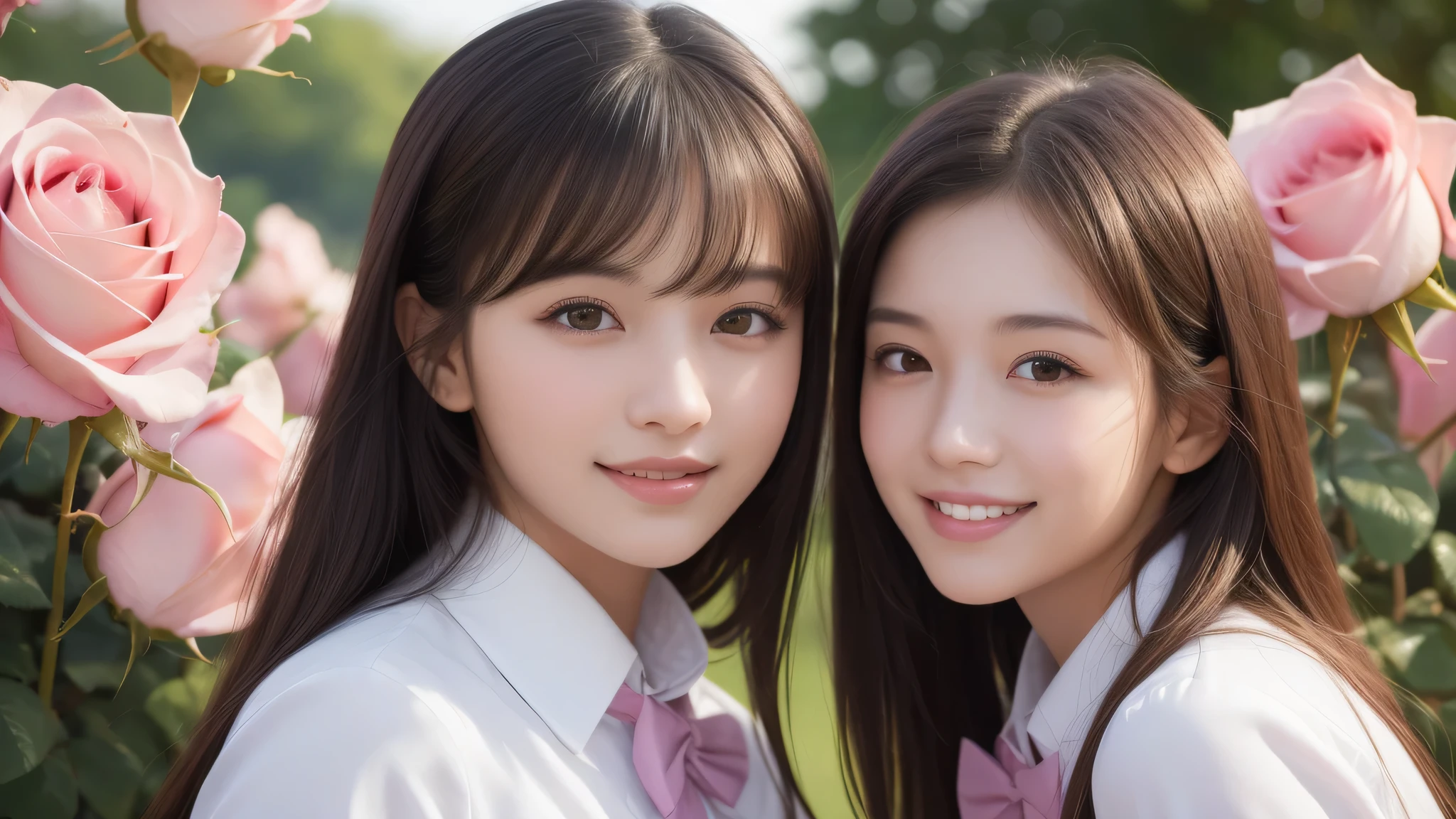 (2girl), bob hair, refreshing smiles, (high school uniform), (Best Quality:1.4), Realistic, extremely detailed CG unified 8k wallpaper, highly detailed, High-definition raw color photos, professional photography, Realistic portrait, Beautiful detailed, (Fine face:1.2), Close up portrait of girl, Outdoors, Beautiful scenery, clear skies, (pink Rose flowers, rose garden, lots of pink roses:1.2)