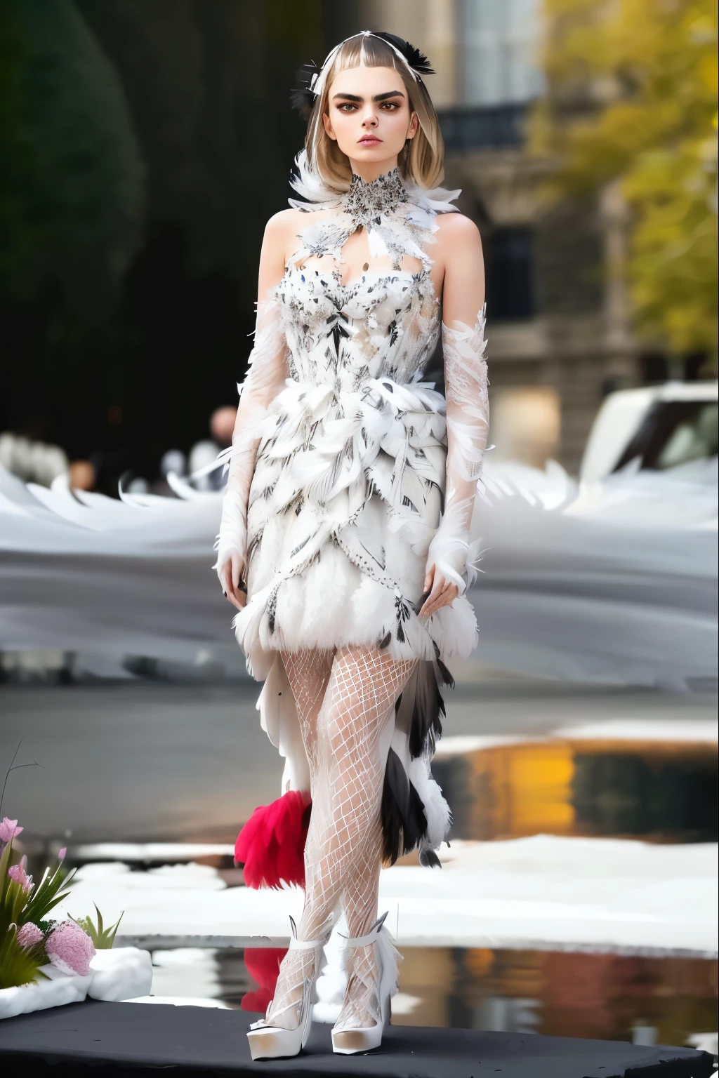 a woman in a black dress and a white feathered dress, dress made of feathers, wearing a feather dress, cara delevingne standing, full body made of white feathers, marie - gabrielle capet style, high fashion haute couture, modern maximalist fashion dress, maximalist fashion dress, high fashion themed, an intricate dress, feathered, in paris, feather-adorned