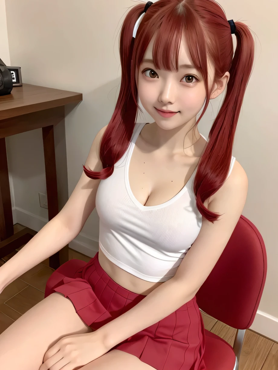 ((Ultra-high resolution)),8K,、Slim body、slender、Flat Chest、Shapely small breasts、Red Hair、high school girl、Wearing a sailor uniform、Leaning forward to reveal cleavage、Small breasts, , Twin tails, Red mini skirt, Small cleavage 2:1,Idol Sculpture, Wet, smile、Pink wall、sexy、slender、Shapely small breasts、Sitting in a chair、I can see your thighs、