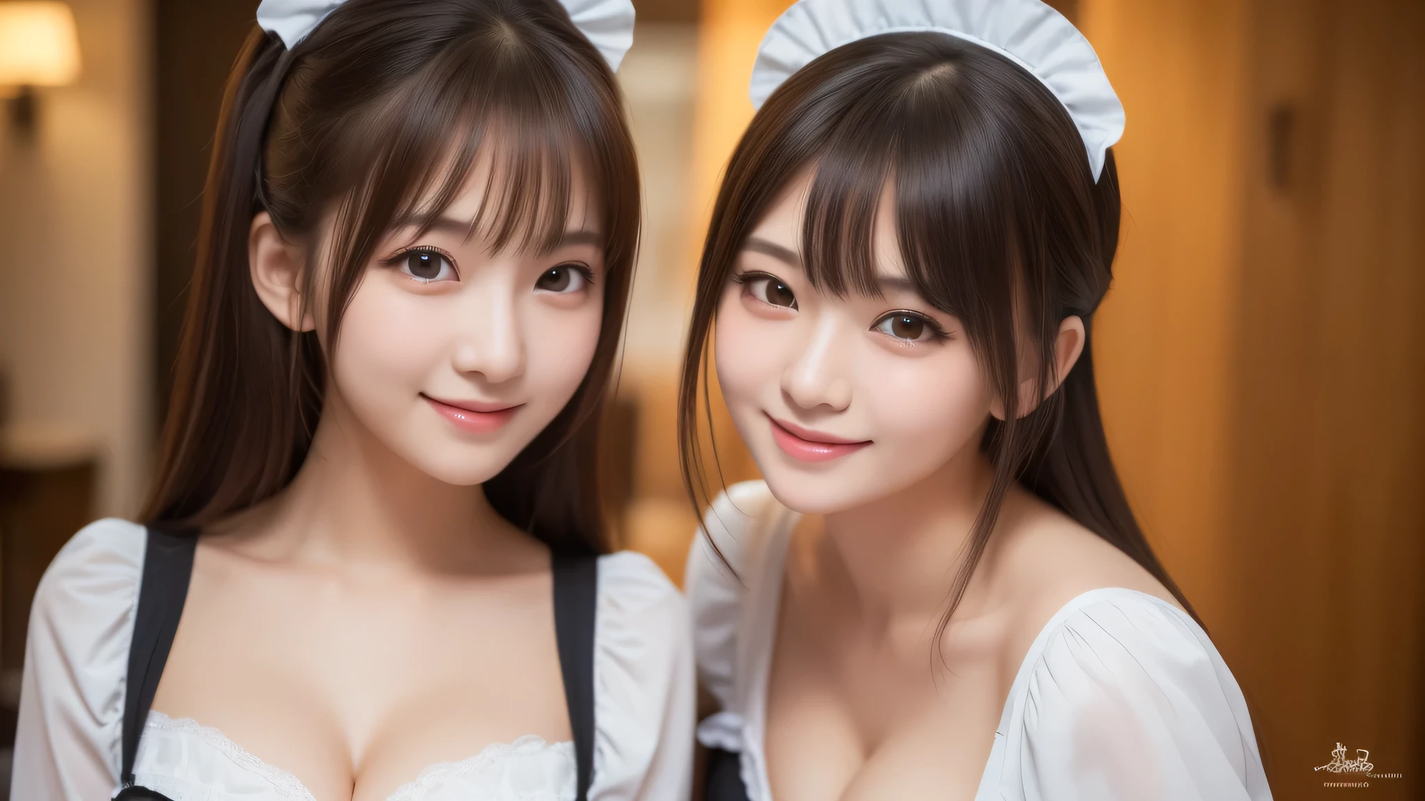 (2girl:1.3), (cute smile:1.2), (extremely detailed beautiful face), (highly detailed eyes, highly detailed face), (maid costume:1.2), Fresh, very clean appearance, (best Quality:1.4), (hyper-realistic, hight resolution), Professional Photography, standing, Indoor, (maid cafe), Close up portrait of girl, staring at me, cleavage, (Fine face:1.2), 
