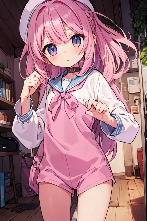 Beautiful illustrations, highest quality、On the bed、Lying on your back、 (:1.4)、(pretty girl:1.5)、、Flat Chest、Sailor collar、(White long tunic)、Long sleeve sailor suit、Blue-line cuffs、(Pink Chino Shorts:1.7)、(Pink shorts with wide openings:1.6)、Gap between thigh and pants、Thin thighs、White socks、 Cinema Lighting, (Pink Long Hair)、Pink Straight Hair、Redness on the cheeks、(Braiding of the back of the head)